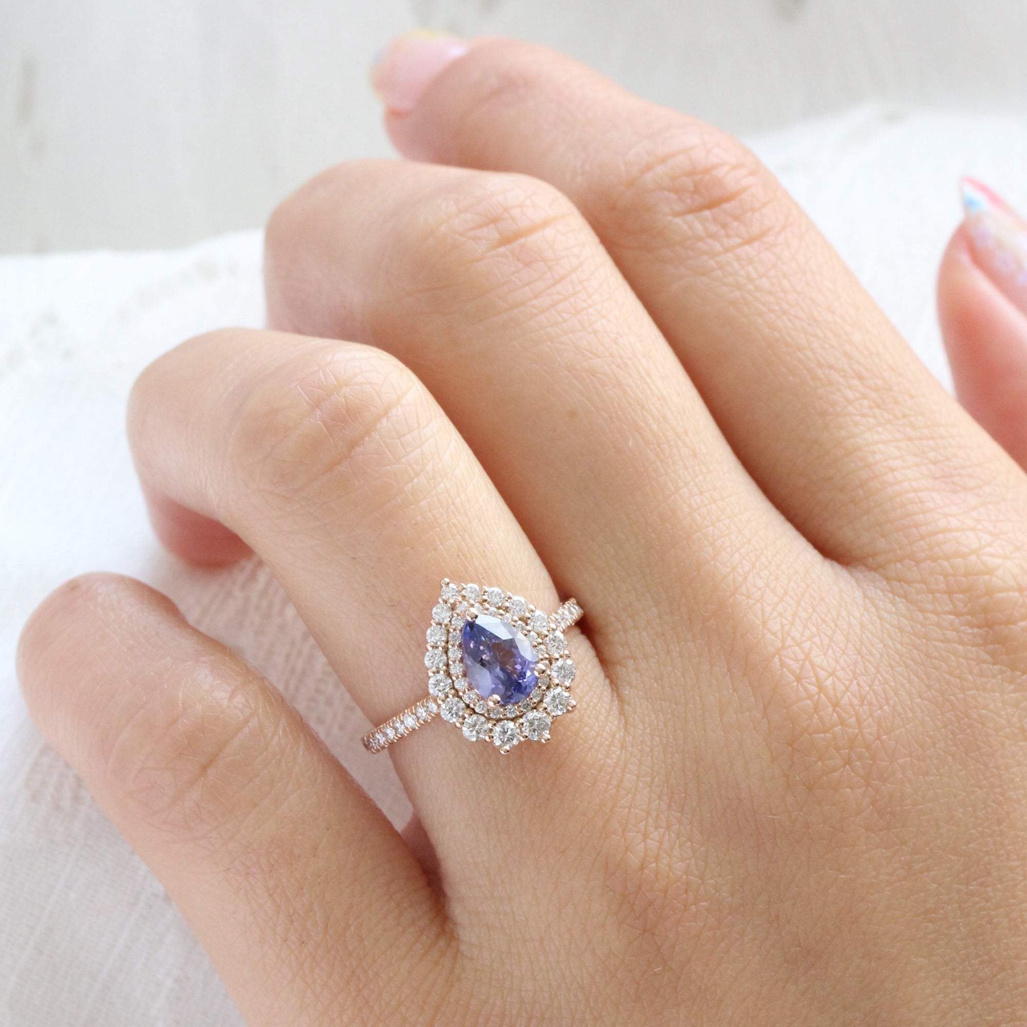 Pear lavender purple sapphire ring rose gold double halo diamond engagement ring la more design jewelry