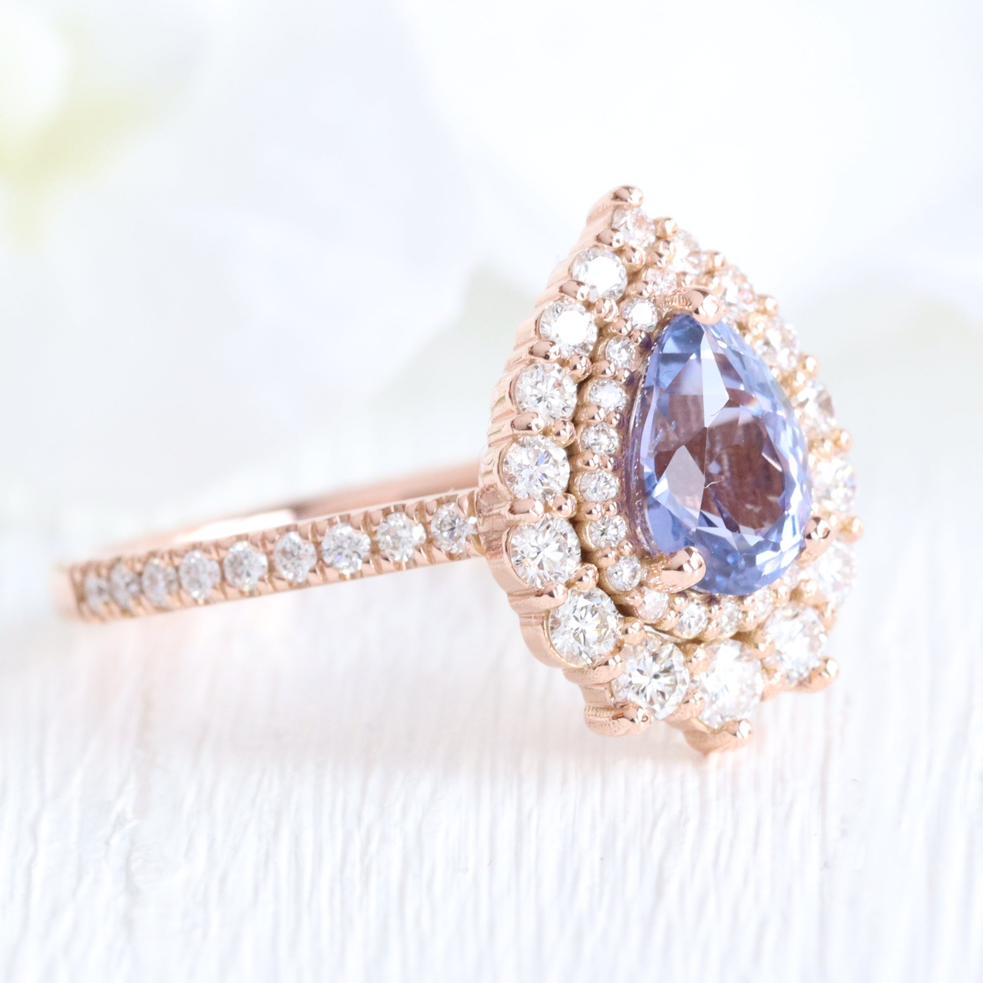 Pear lavender purple sapphire ring rose gold double halo diamond engagement ring la more design jewelry