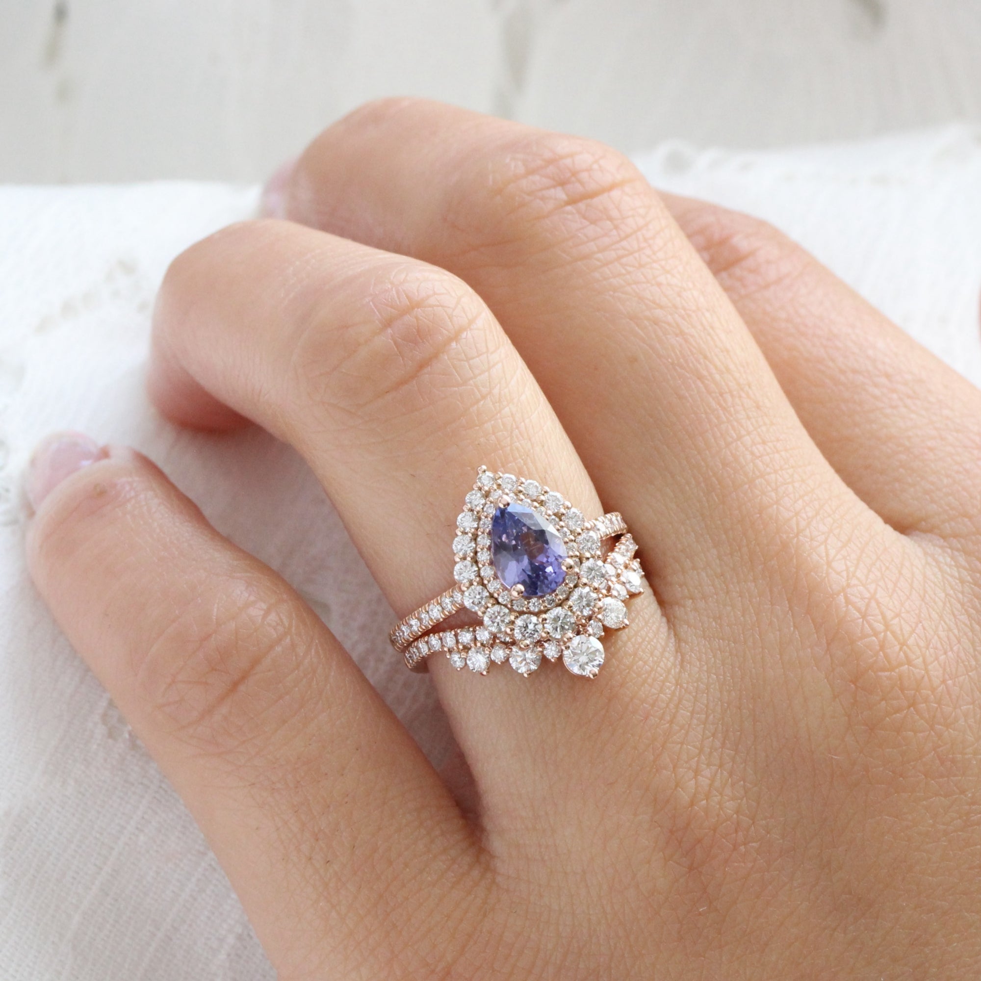 Pear lavender purple sapphire ring rose gold double halo diamond engagement ring la more design jewelry