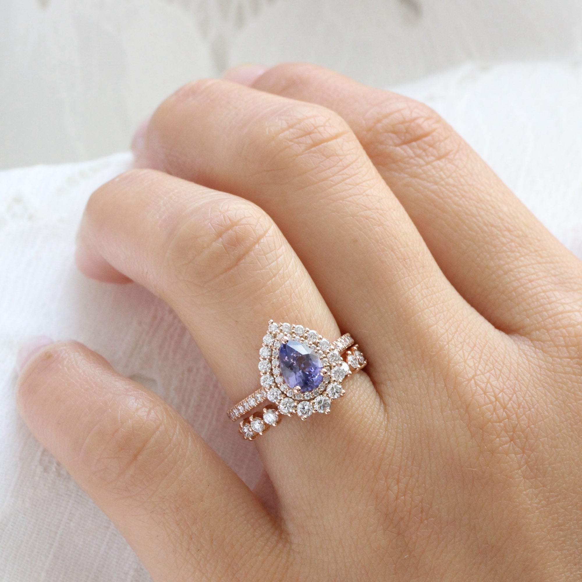 Pear lavender purple sapphire ring rose gold double halo diamond engagement ring la more design jewelry