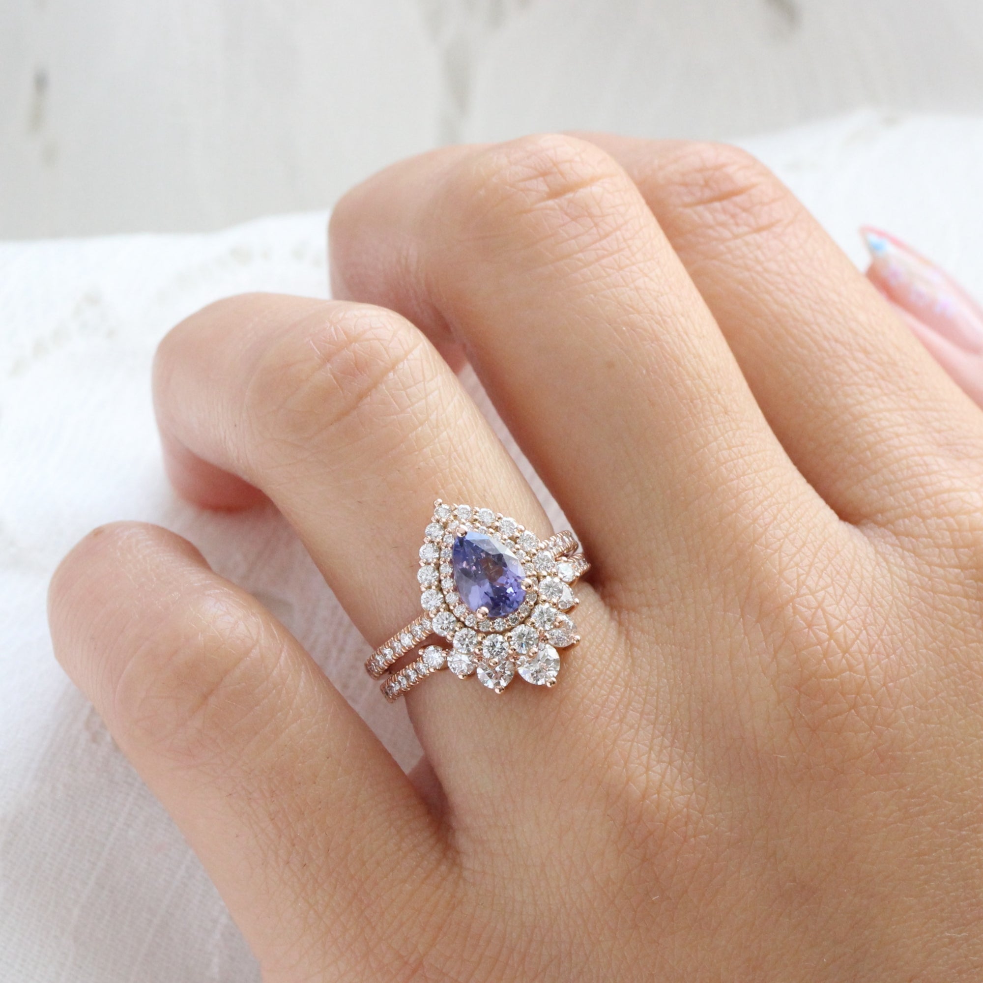 Pear lavender purple sapphire ring rose gold double halo diamond engagement ring la more design jewelry