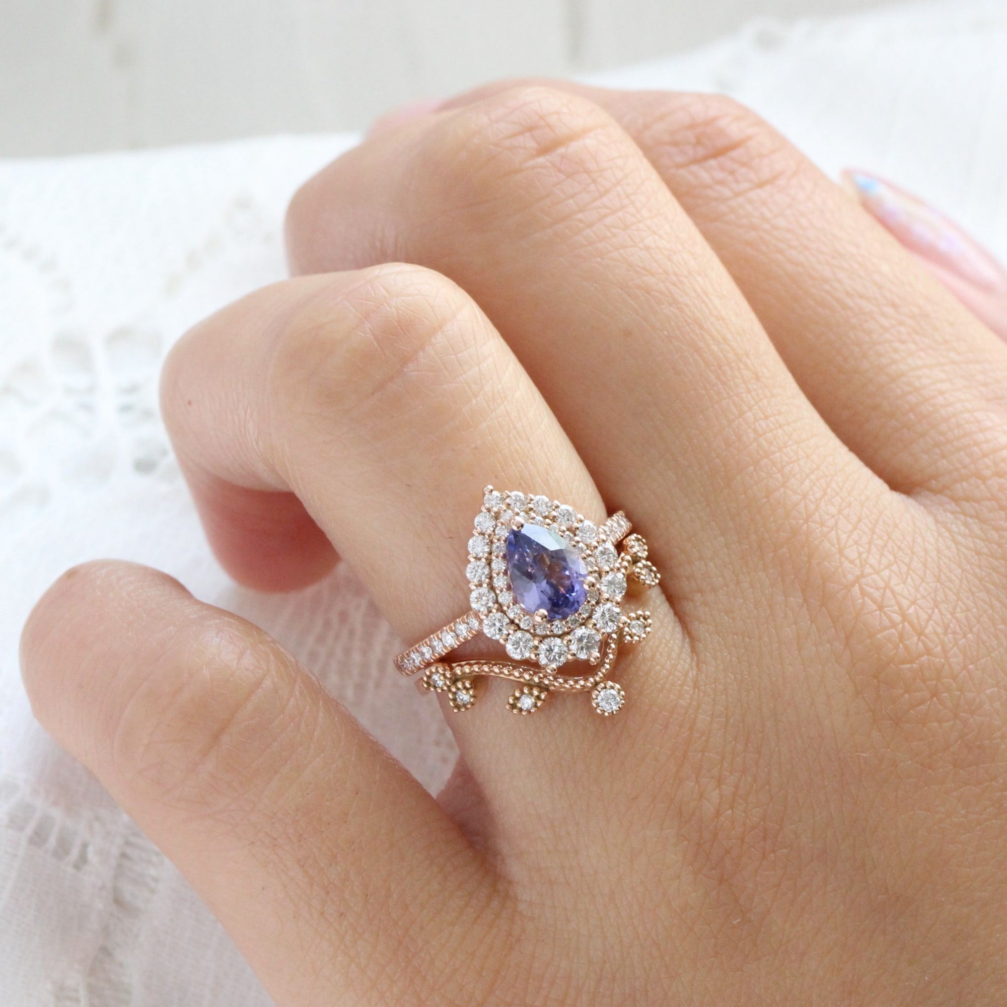 Pear lavender purple sapphire ring rose gold double halo diamond engagement ring la more design jewelry