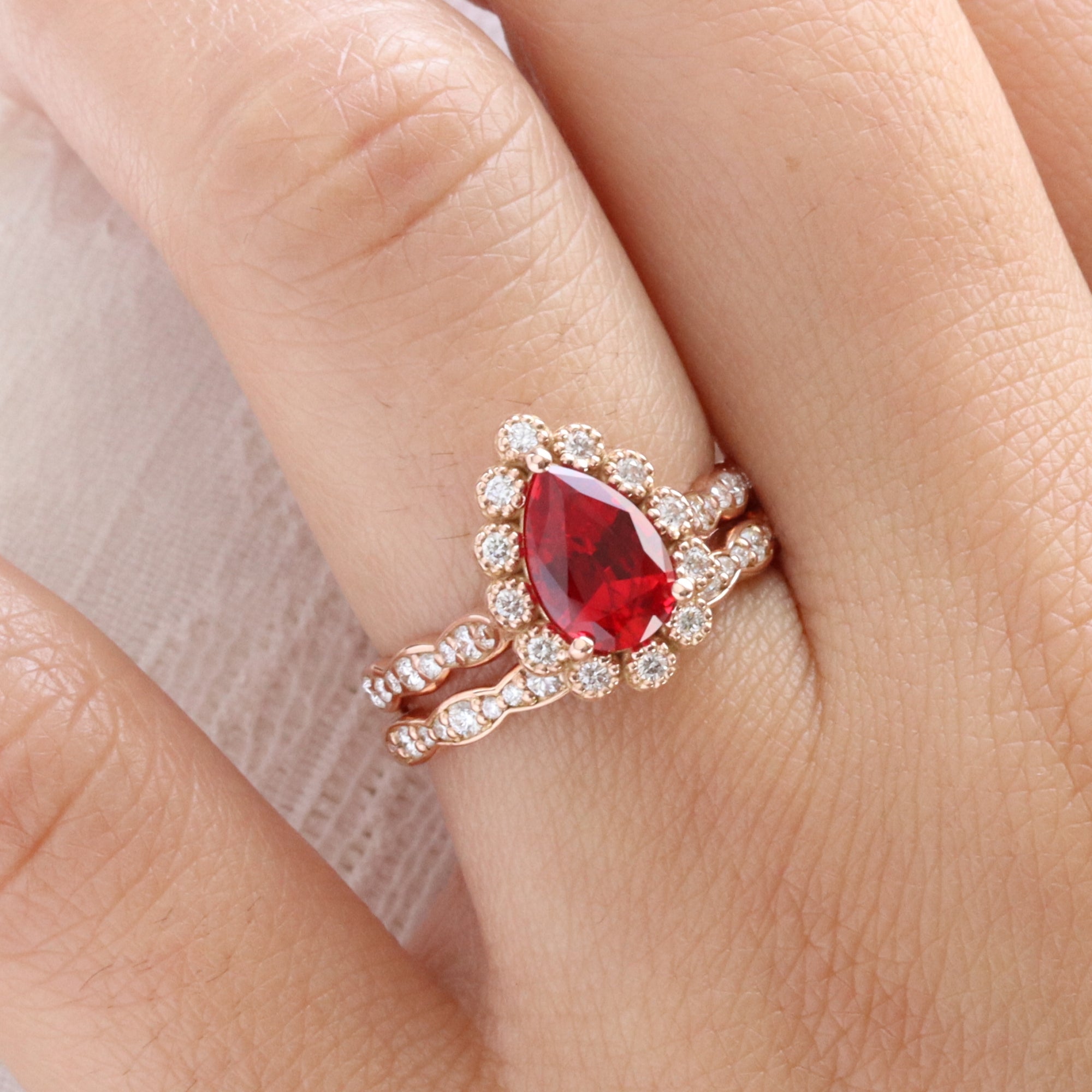 Pear ruby engagement ring bridal set rose gold vintage halo diamond ruby ring stack la more design jewelry