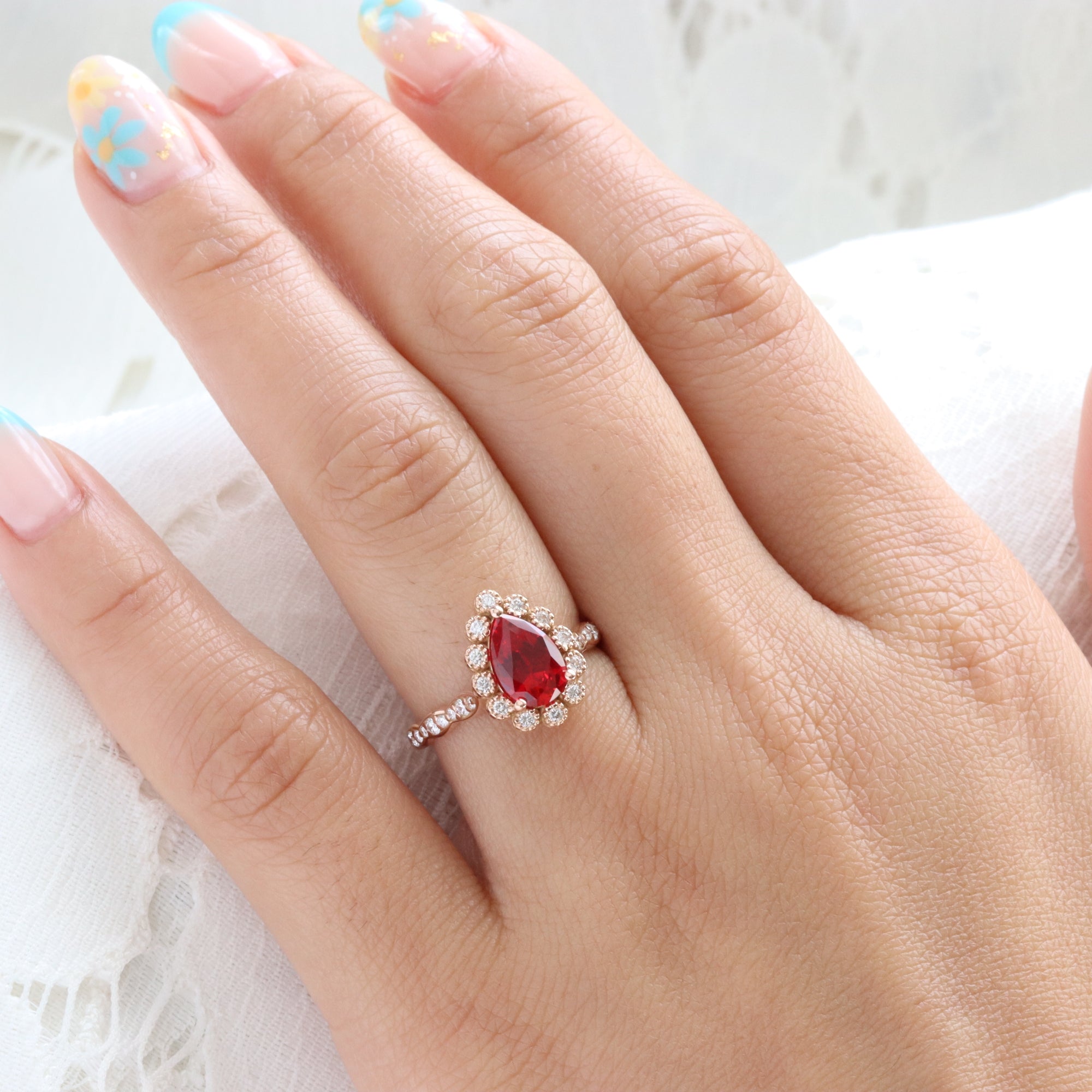 Pear ruby engagement ring rose gold vintage halo diamond ruby ring la more design jewelry