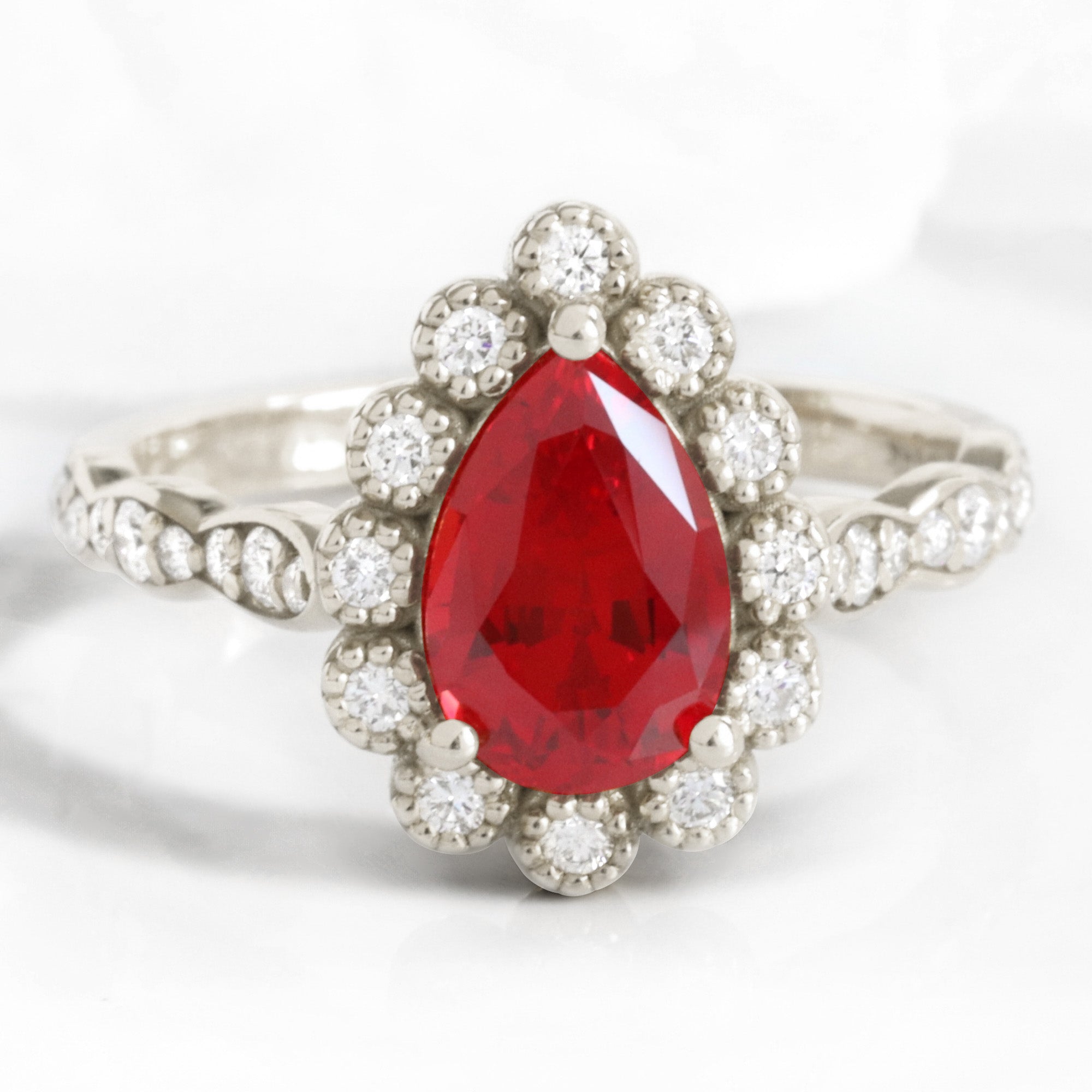Pear ruby engagement ring white gold vintage halo diamond ruby ring la more design jewelry