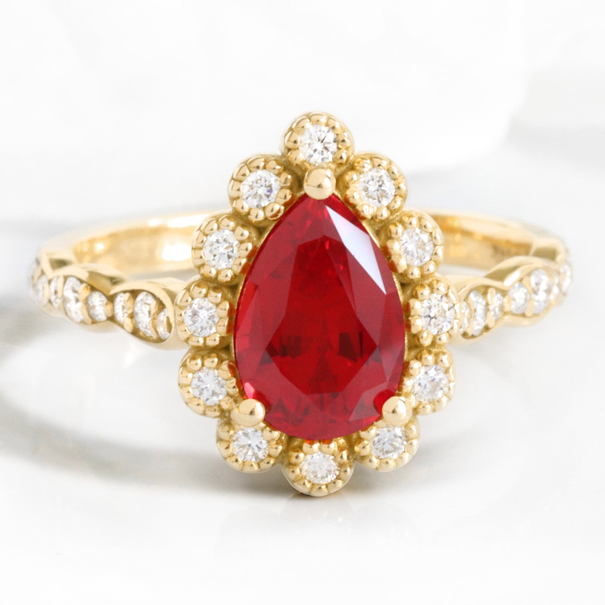 Pear ruby engagement ring yellow gold vintage halo diamond ruby ring la more design jewelry