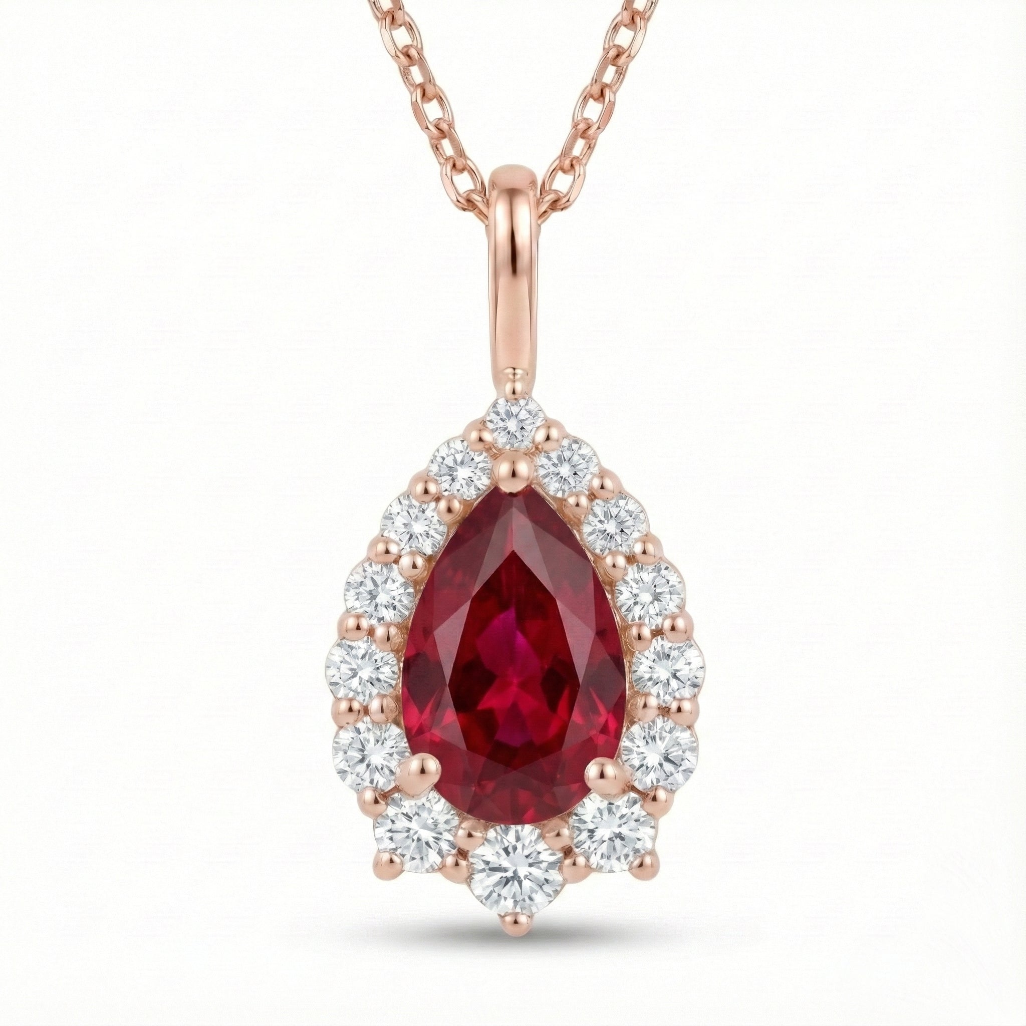 Pear ruby necklace rose gold halo diamond red ruby pendant gold chain la more design jewelry