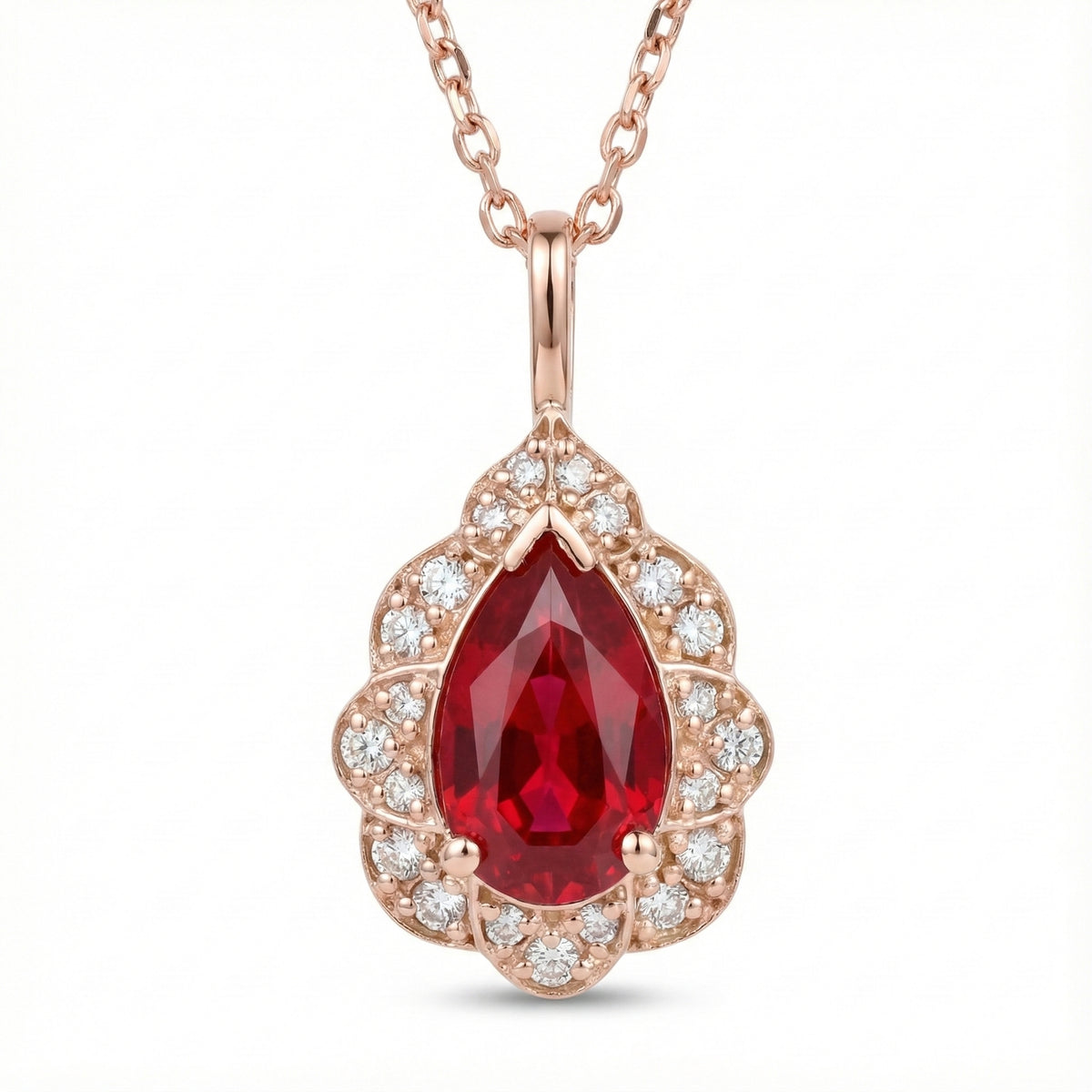 Pear ruby pendant rose gold vintage floral halo diamond red ruby necklace la more design jewelry