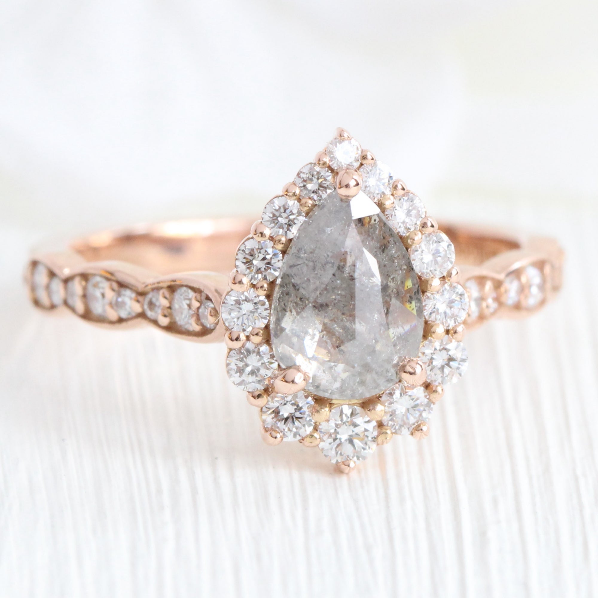 Pear salt and pepper diamond ring rose gold grey diamond halo ring la more design jewelry