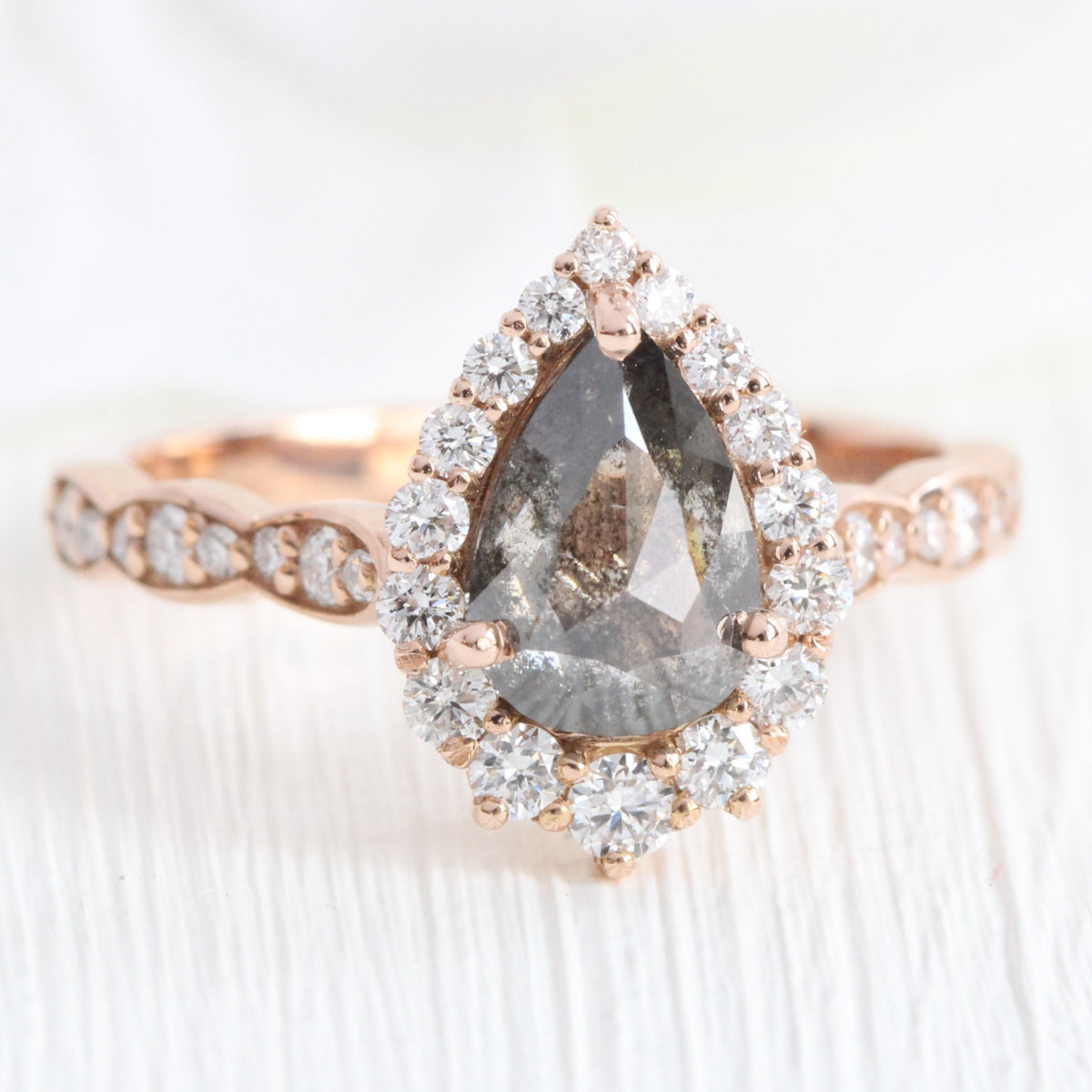 Pear salt and pepper diamond ring rose gold grey diamond halo ring la more design jewelry