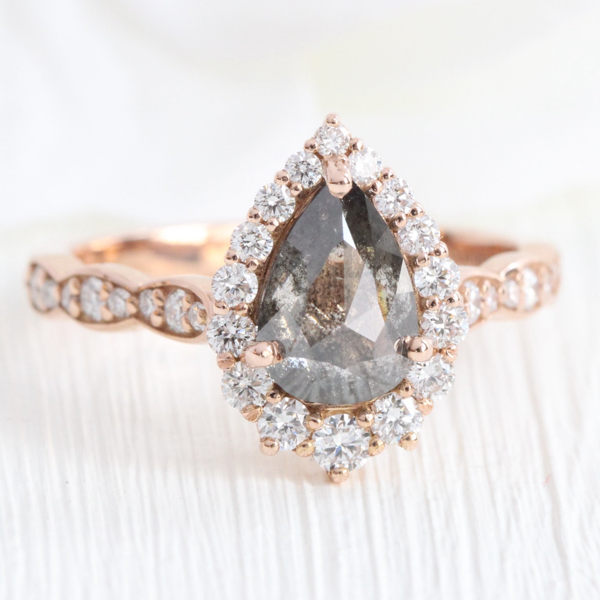 Pear salt and pepper diamond ring rose gold grey diamond halo ring la more design jewelry