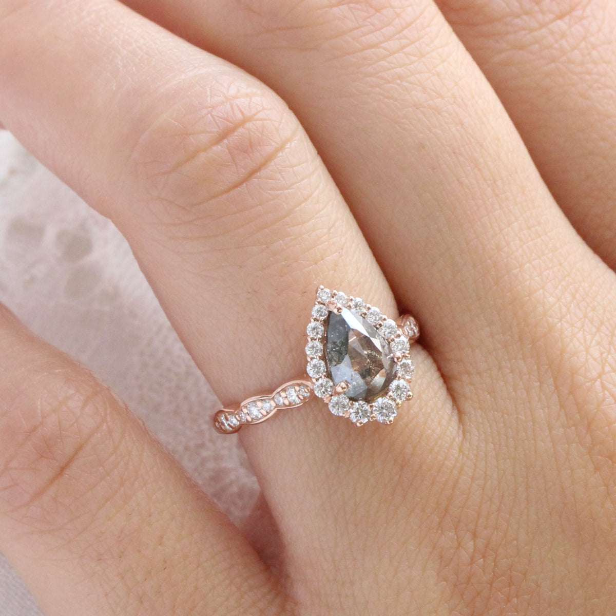 Pear salt and pepper diamond ring rose gold grey diamond halo ring la more design jewelry
