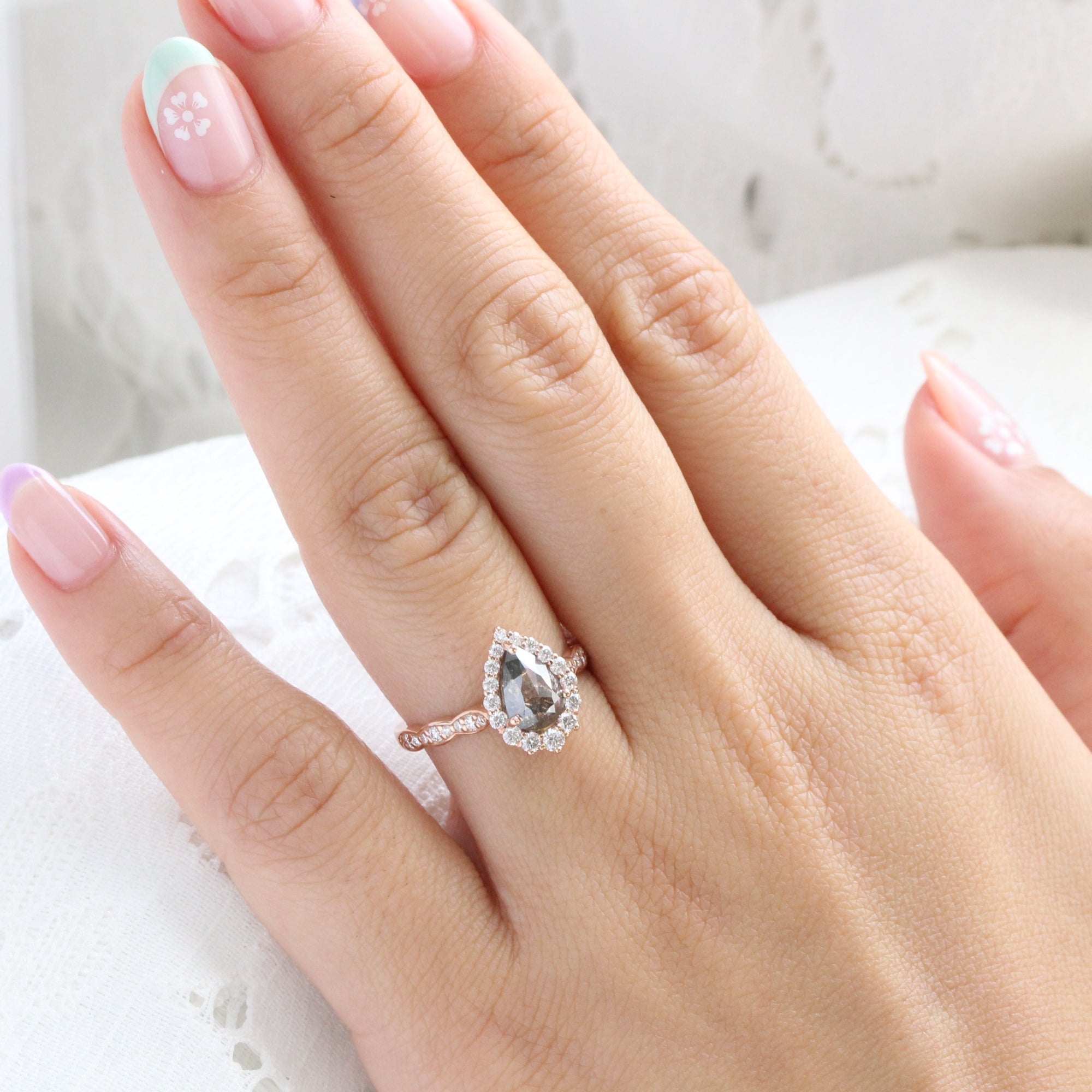 Pear salt and pepper diamond ring rose gold grey diamond halo ring la more design jewelry