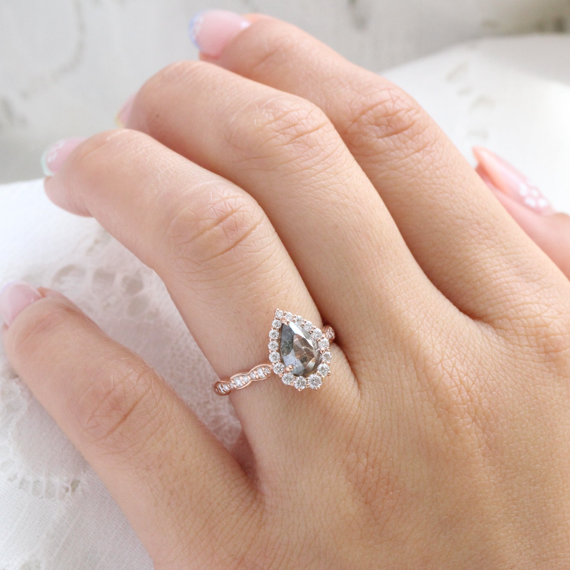 Pear salt and pepper diamond ring rose gold grey diamond halo ring la more design jewelry