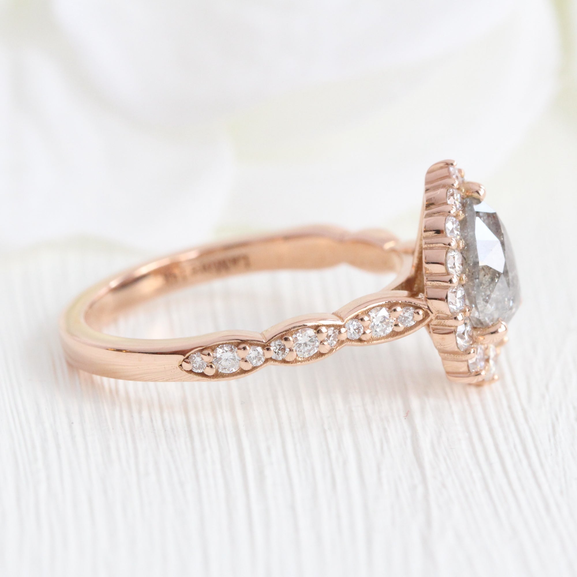 Pear salt and pepper diamond ring rose gold grey diamond halo ring la more design jewelry