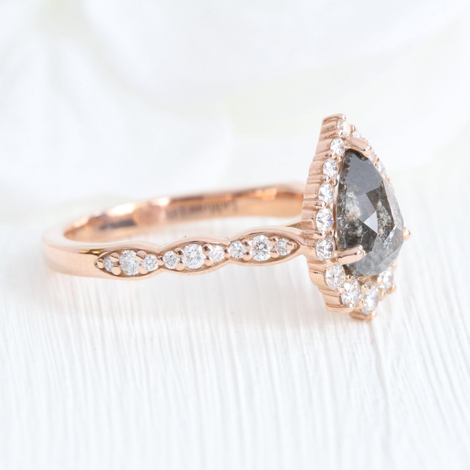 Pear salt and pepper diamond ring rose gold grey diamond halo ring la more design jewelry
