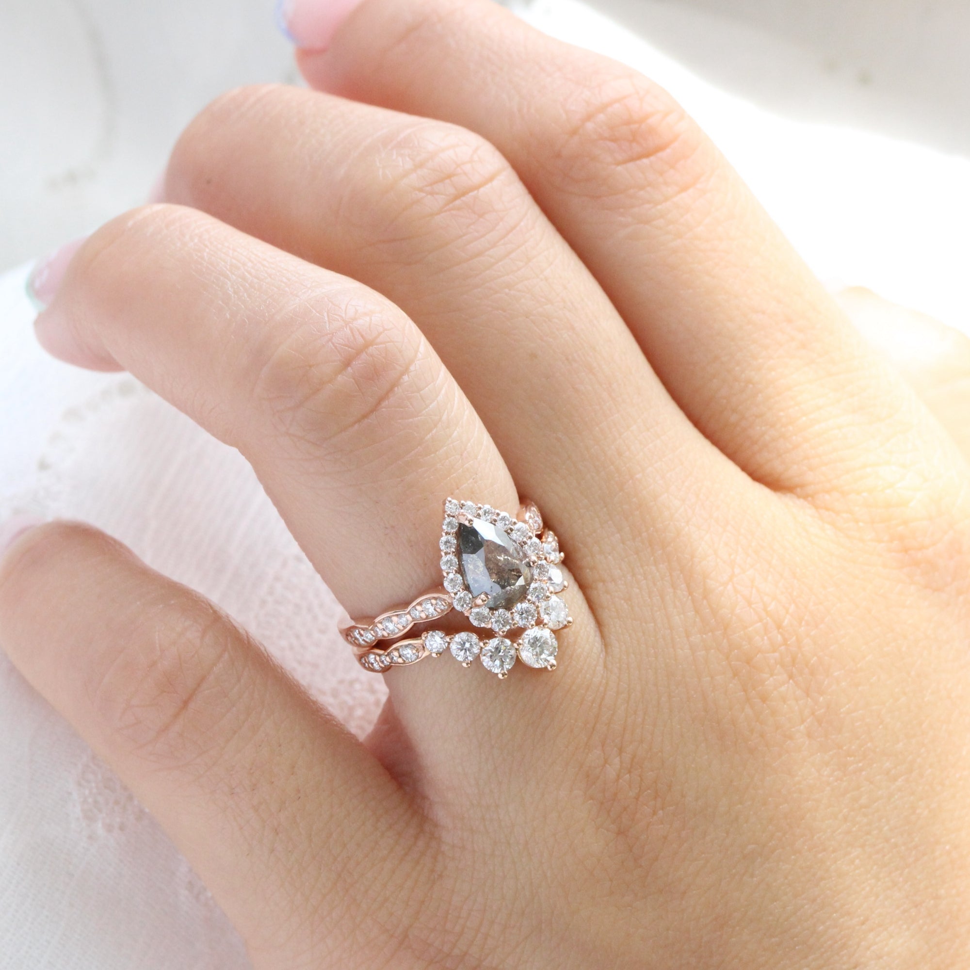 Pear salt and pepper diamond ring rose gold grey diamond halo ring la more design jewelry