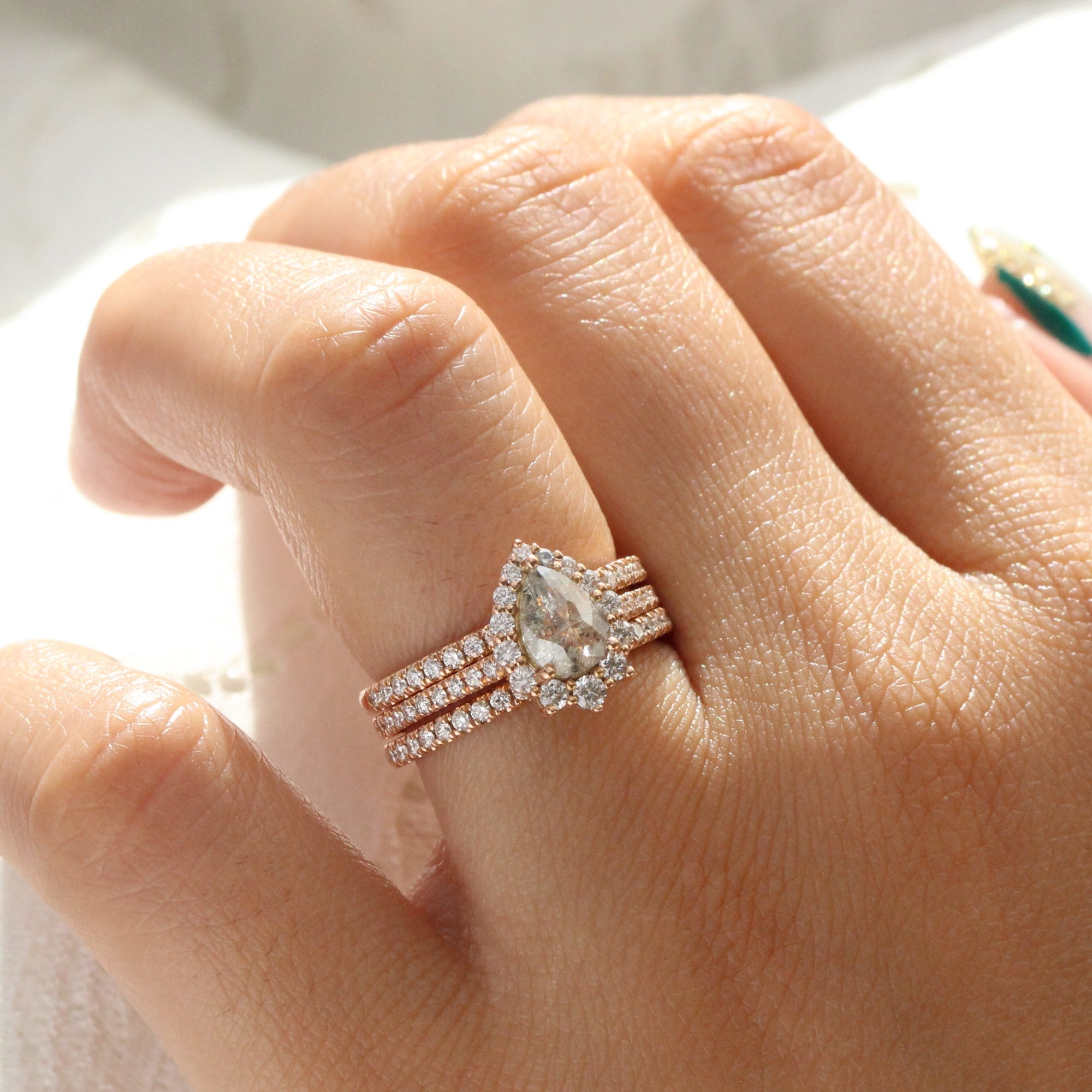 Pear salt and pepper diamond ring rose gold grey diamond halo ring la more design jewelry