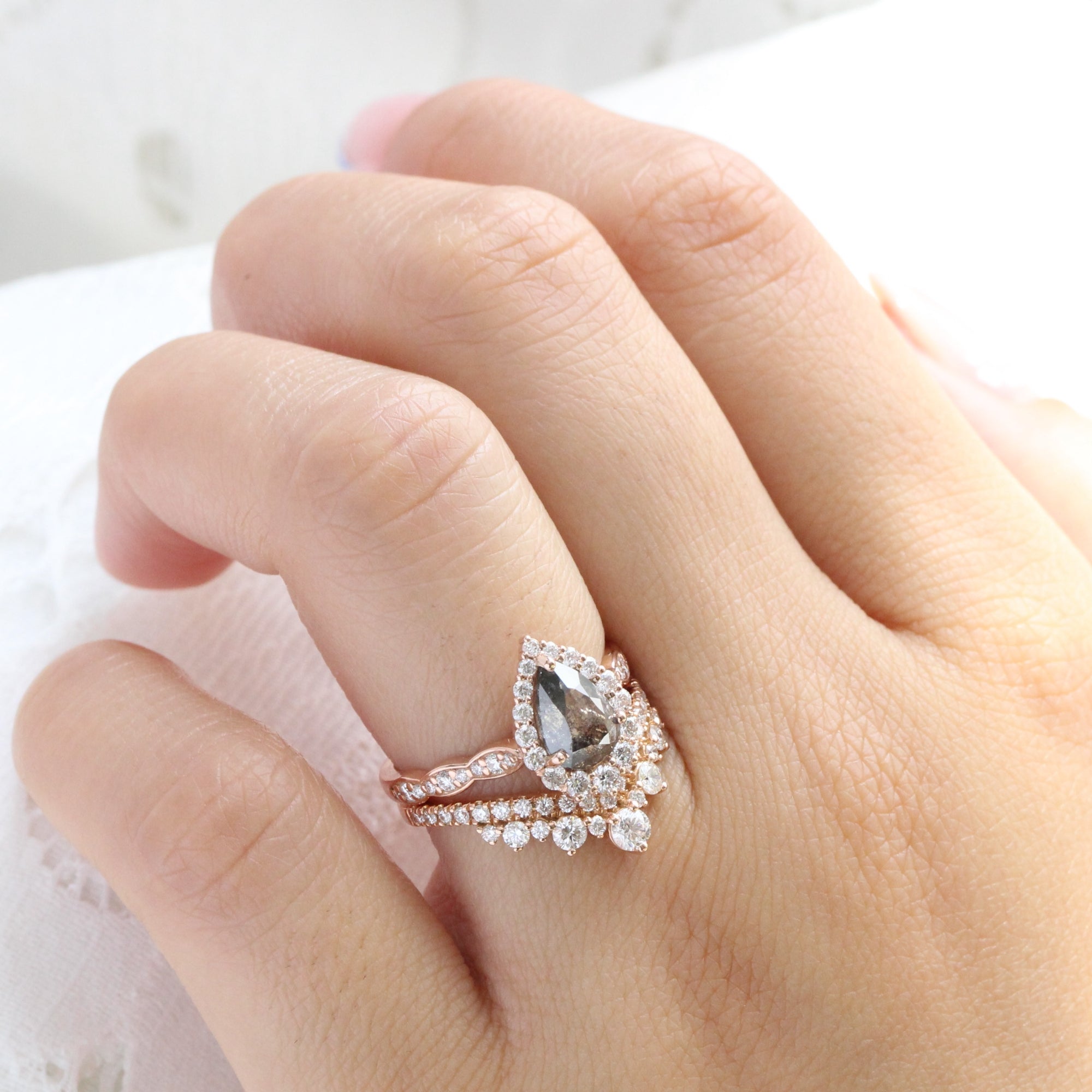 Pear salt and pepper diamond ring rose gold grey diamond halo ring la more design jewelry