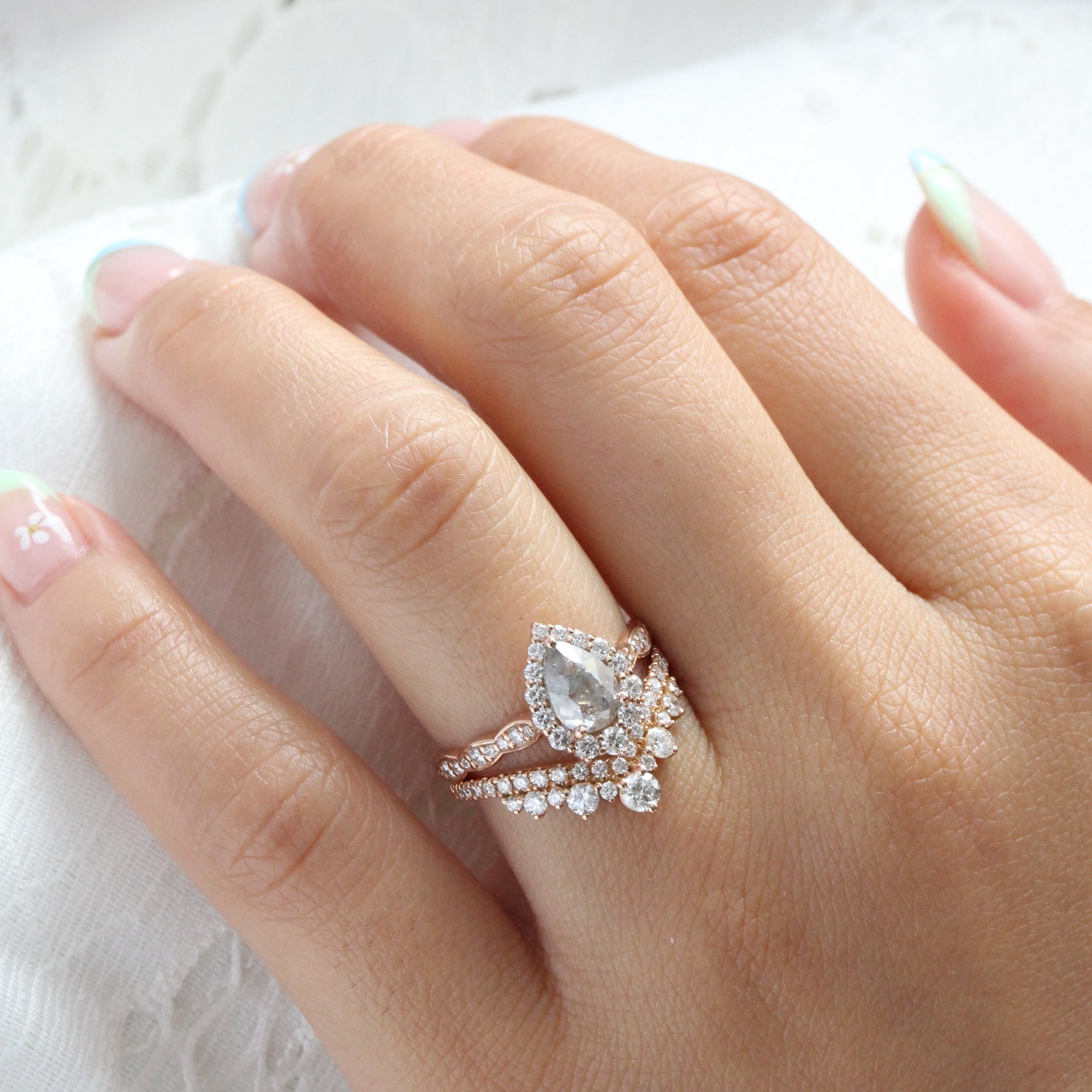 Pear salt and pepper diamond ring rose gold grey diamond halo ring la more design jewelry