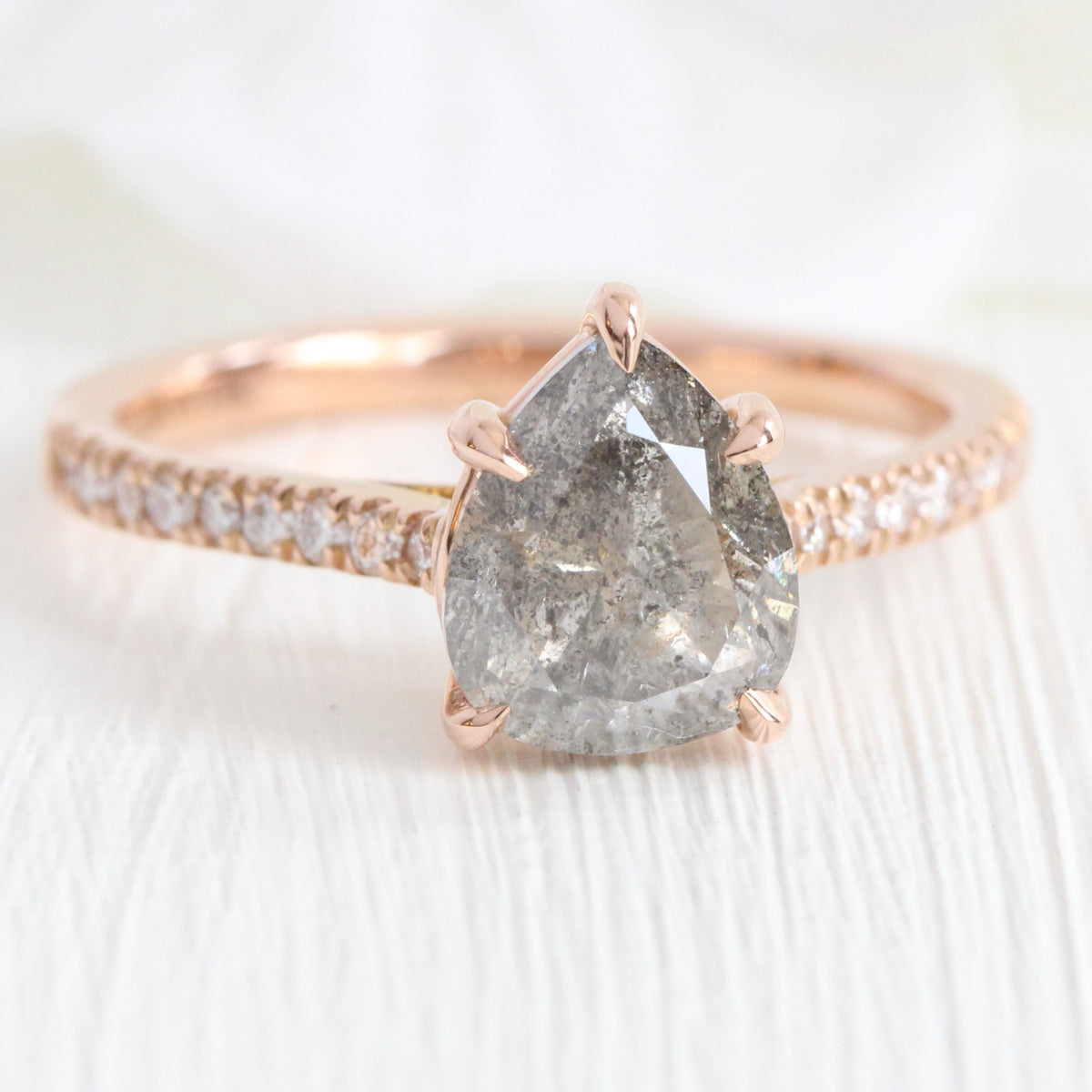 Pear salt and pepper diamond ring rose gold solitaire grey diamond pave ring la more design jewelry