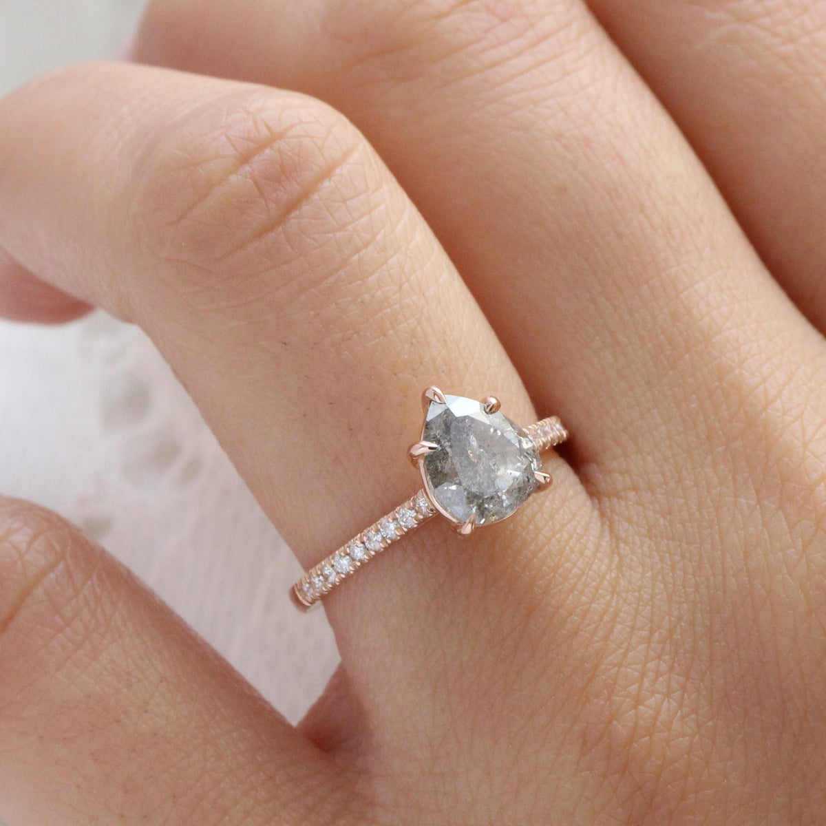 Pear salt and pepper diamond ring rose gold solitaire grey diamond pave ring la more design jewelry