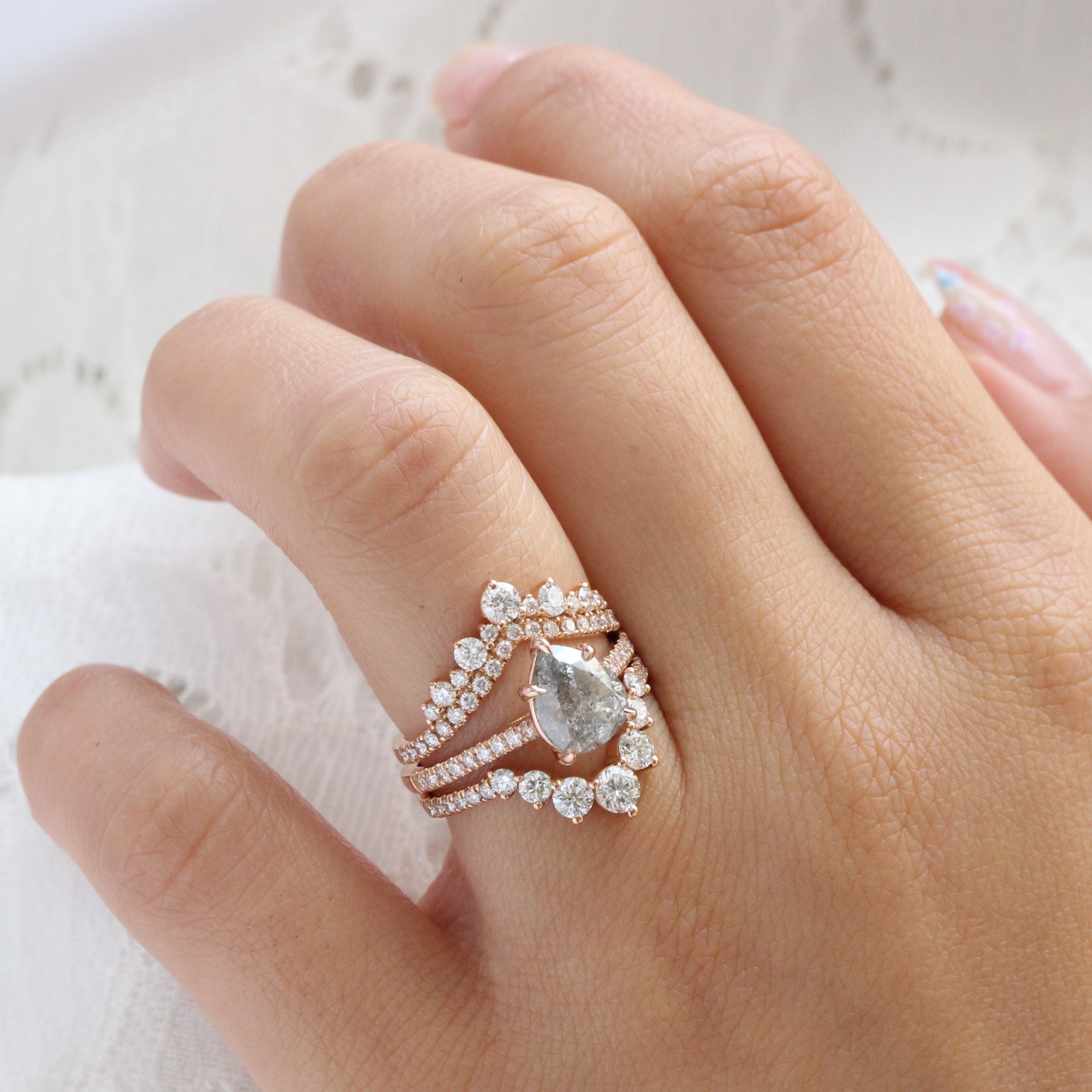 Pear salt and pepper diamond ring rose gold solitaire grey diamond pave ring la more design jewelry