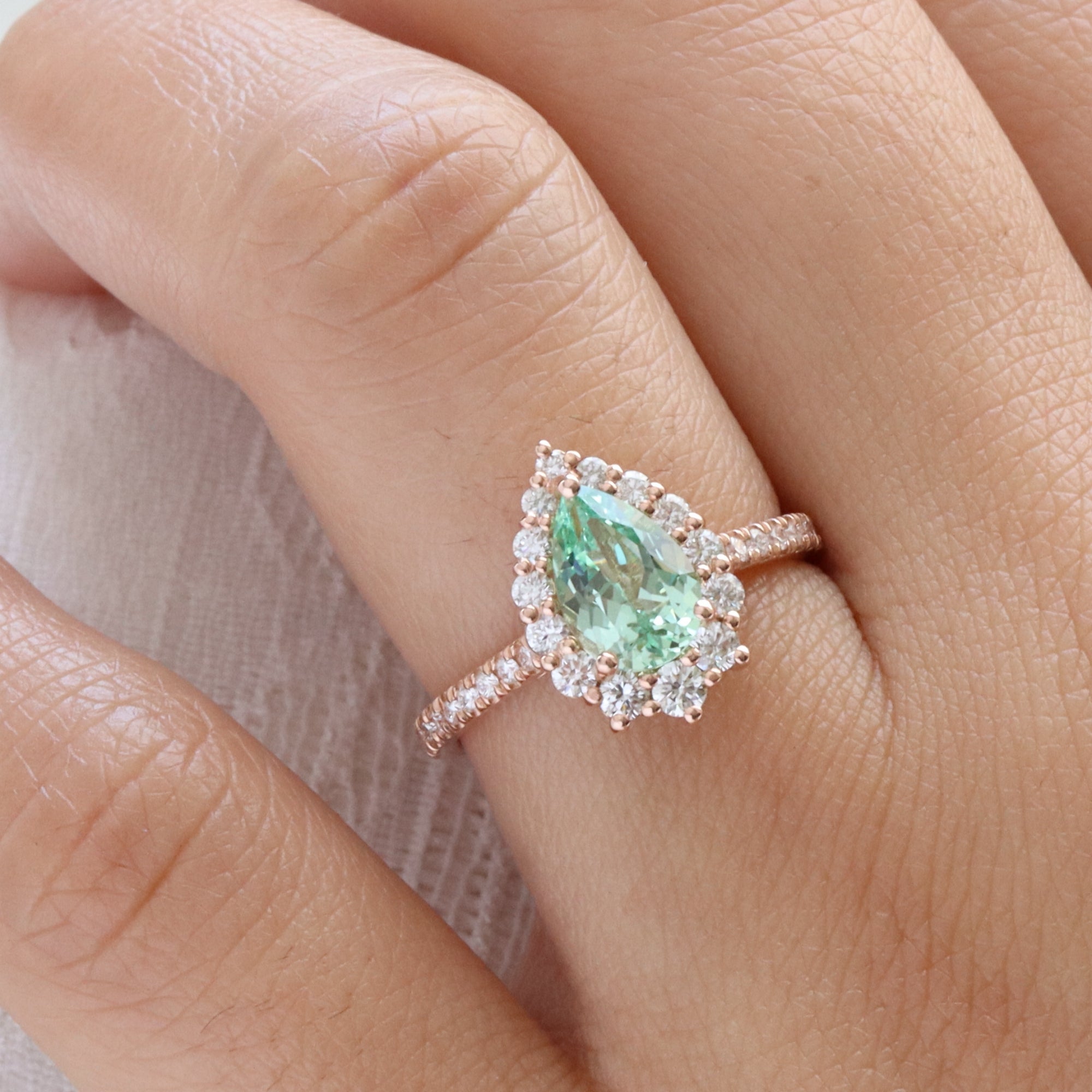 Pear green sapphire engagement ring rose gold halo diamond sapphire ring la more design jewelry