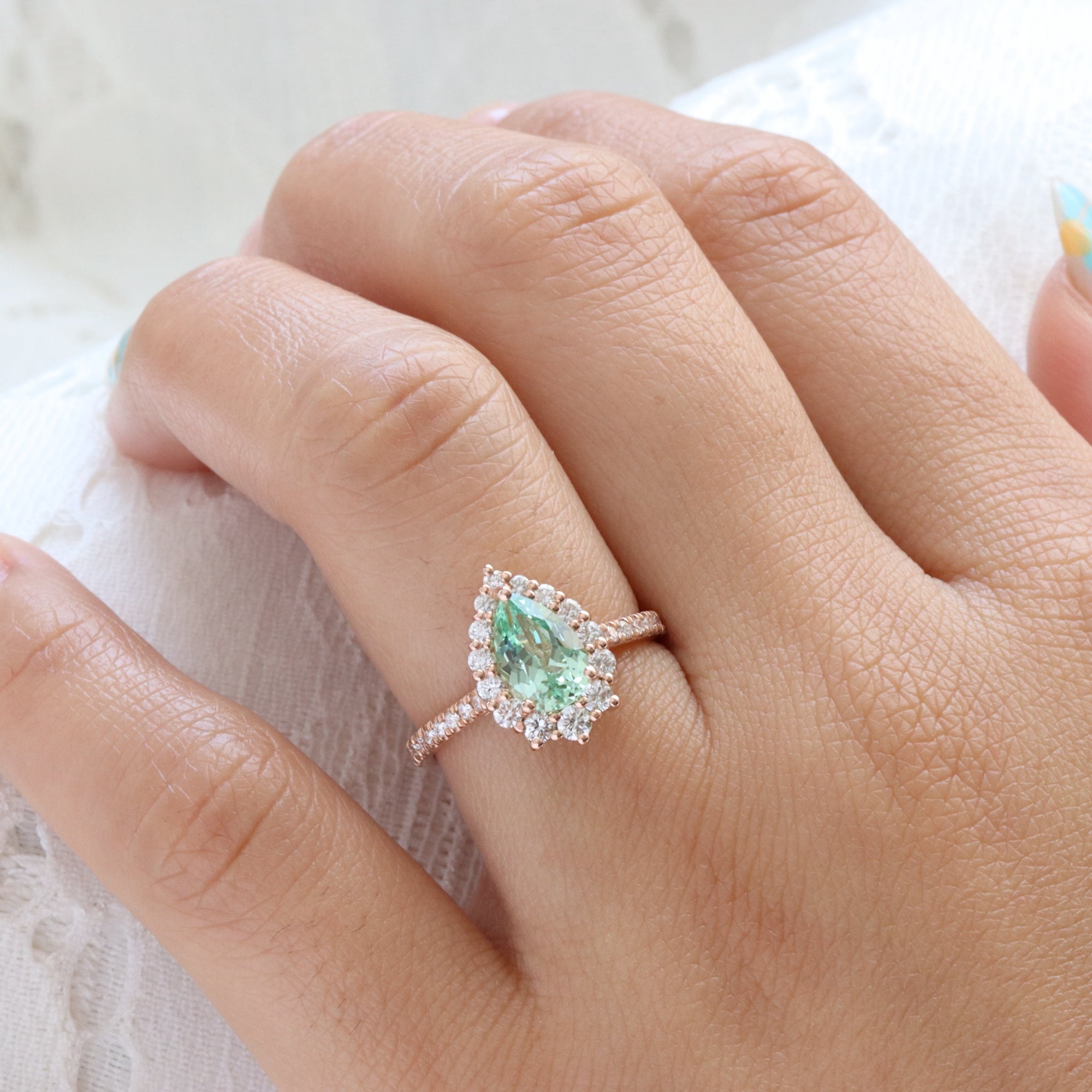 Pear green sapphire engagement ring rose gold halo diamond sapphire ring la more design jewelry
