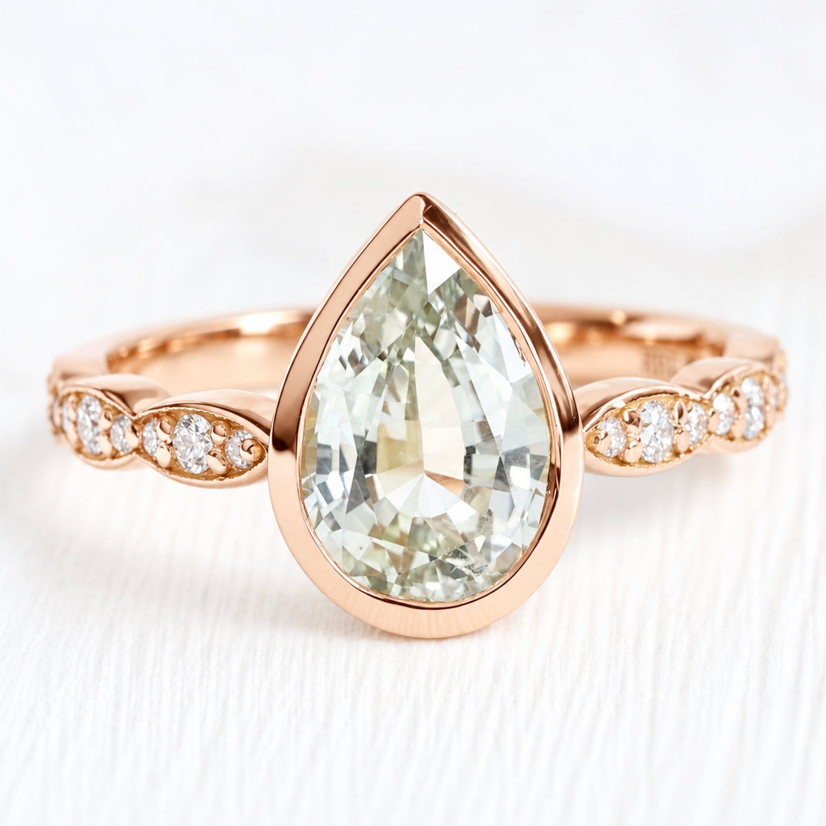 Pear seaform green sapphire ring rose gold bezel solitaire scalloped diamond band la more design jewelry