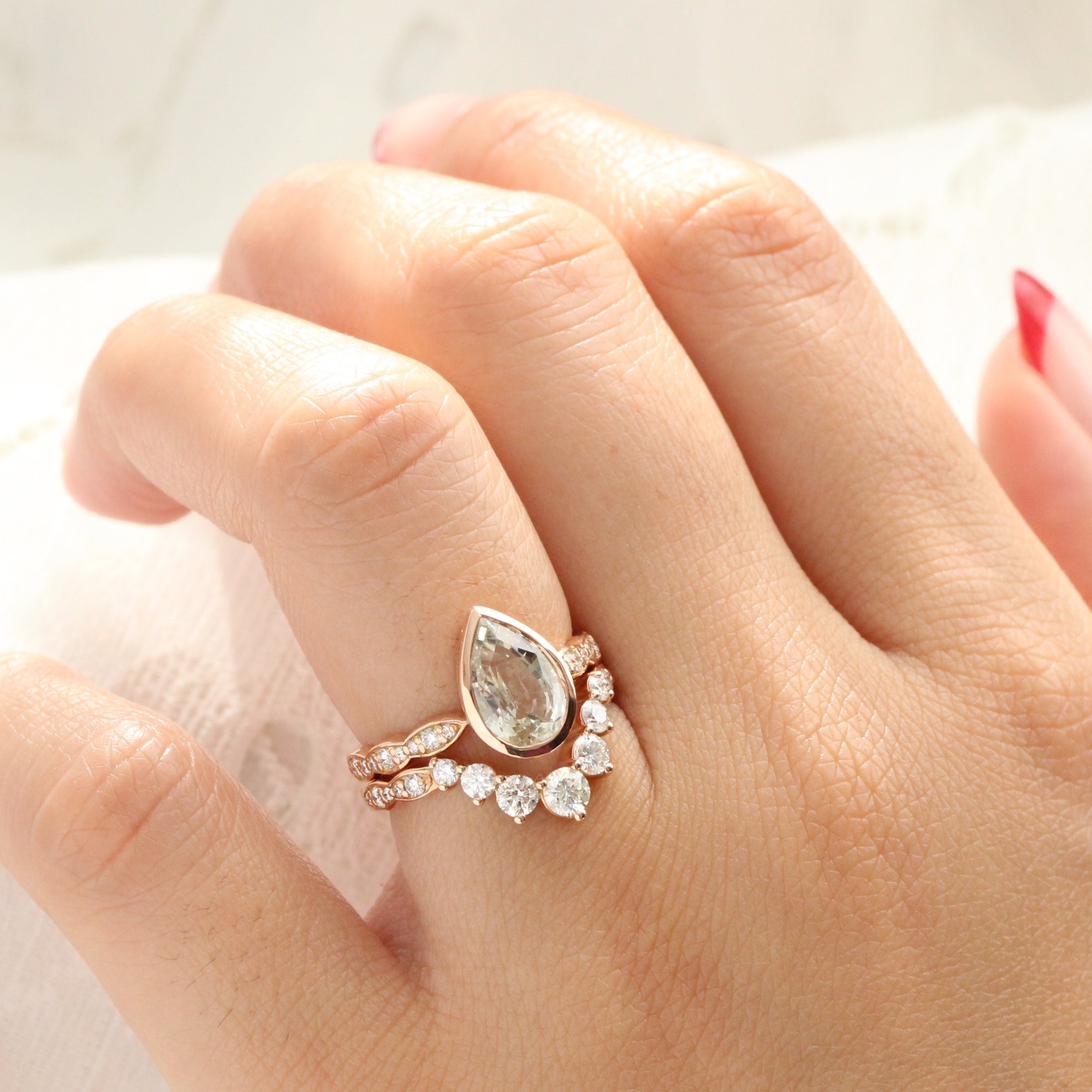 Pear seaform green sapphire ring rose gold bezel solitaire scalloped diamond band la more design jewelry
