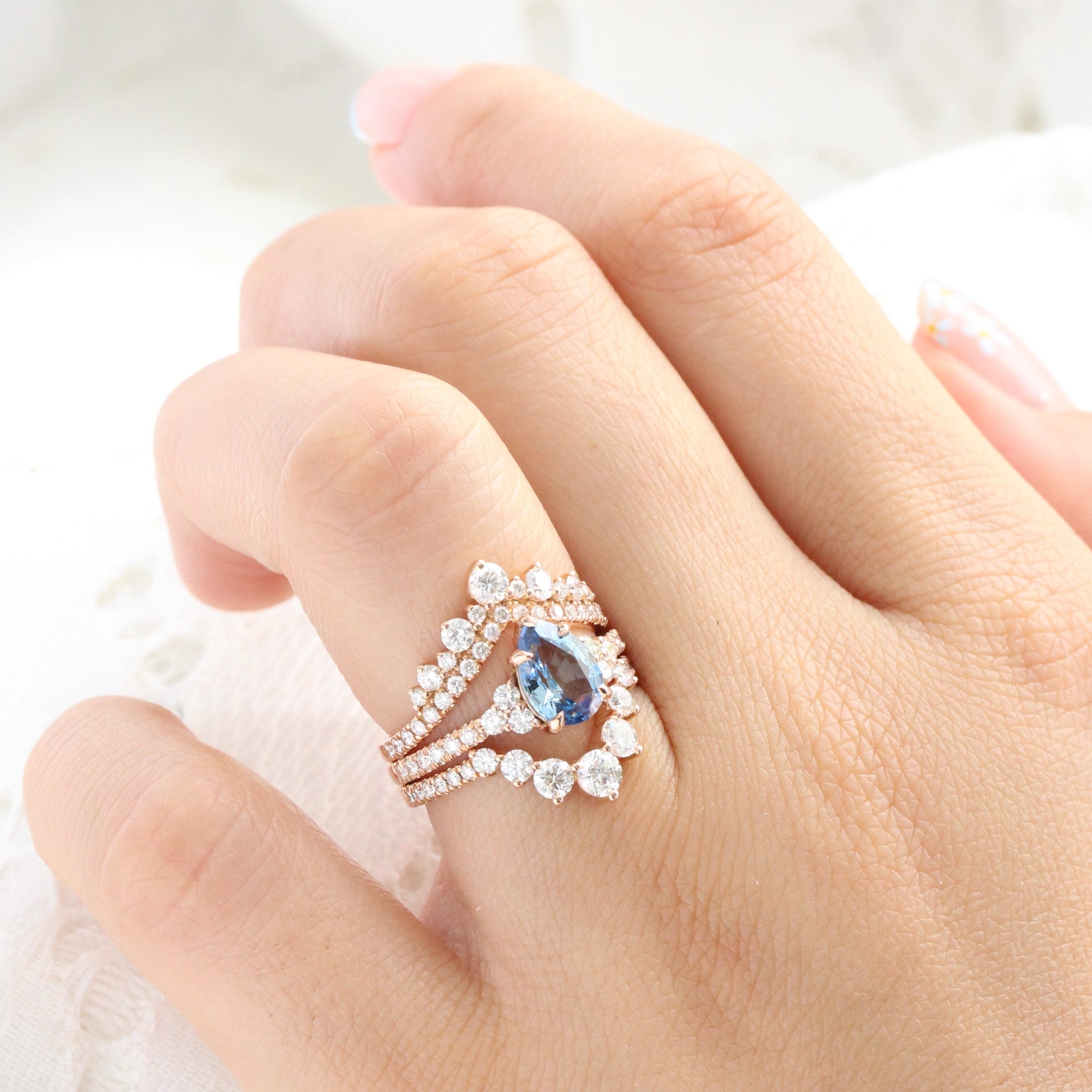 Pear teal blue sapphire ring rose gold 3 stone diamond ring la more design jewelry