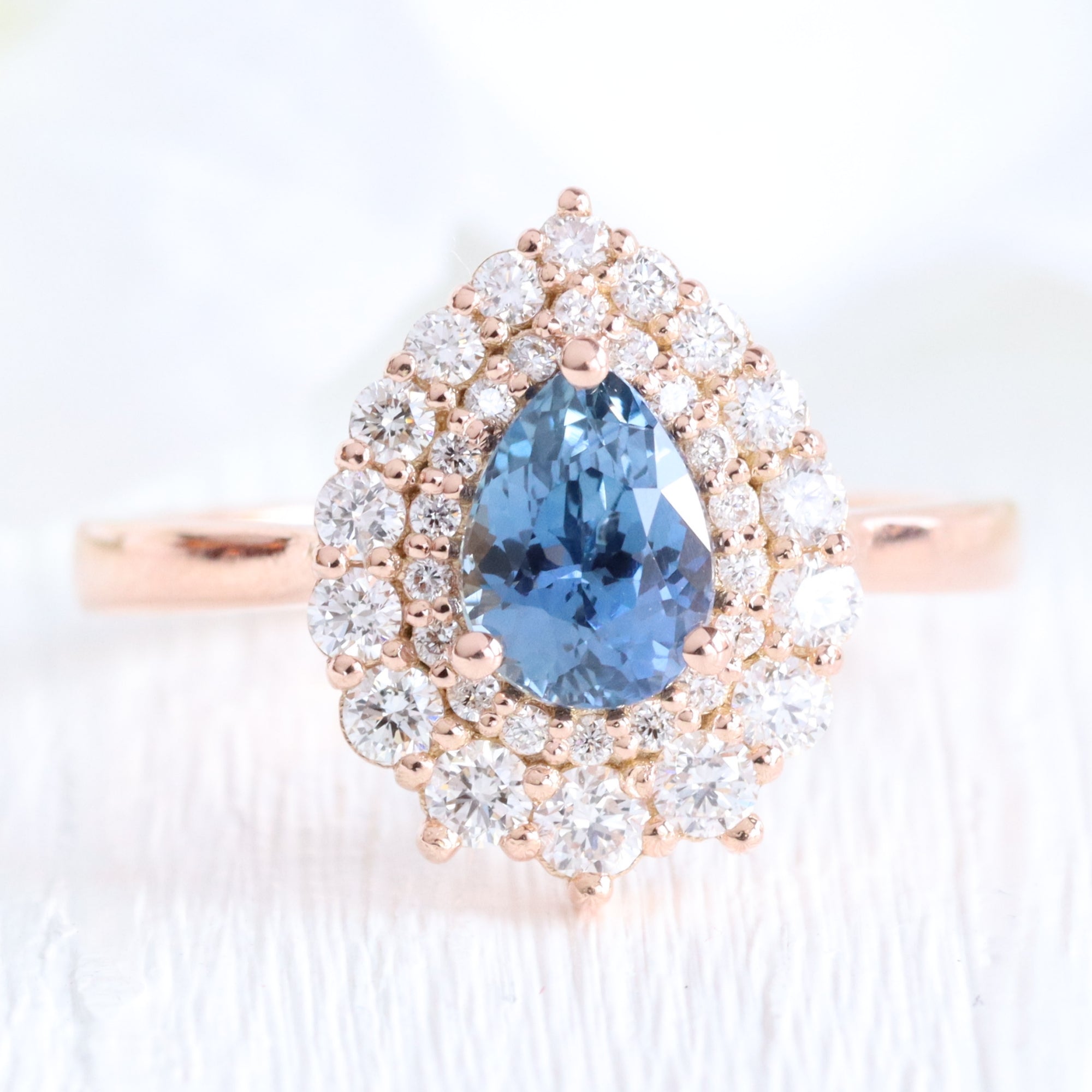 Natural peacock blue sapphire ring rose gold double halo diamond engagement ring la more design jewelry