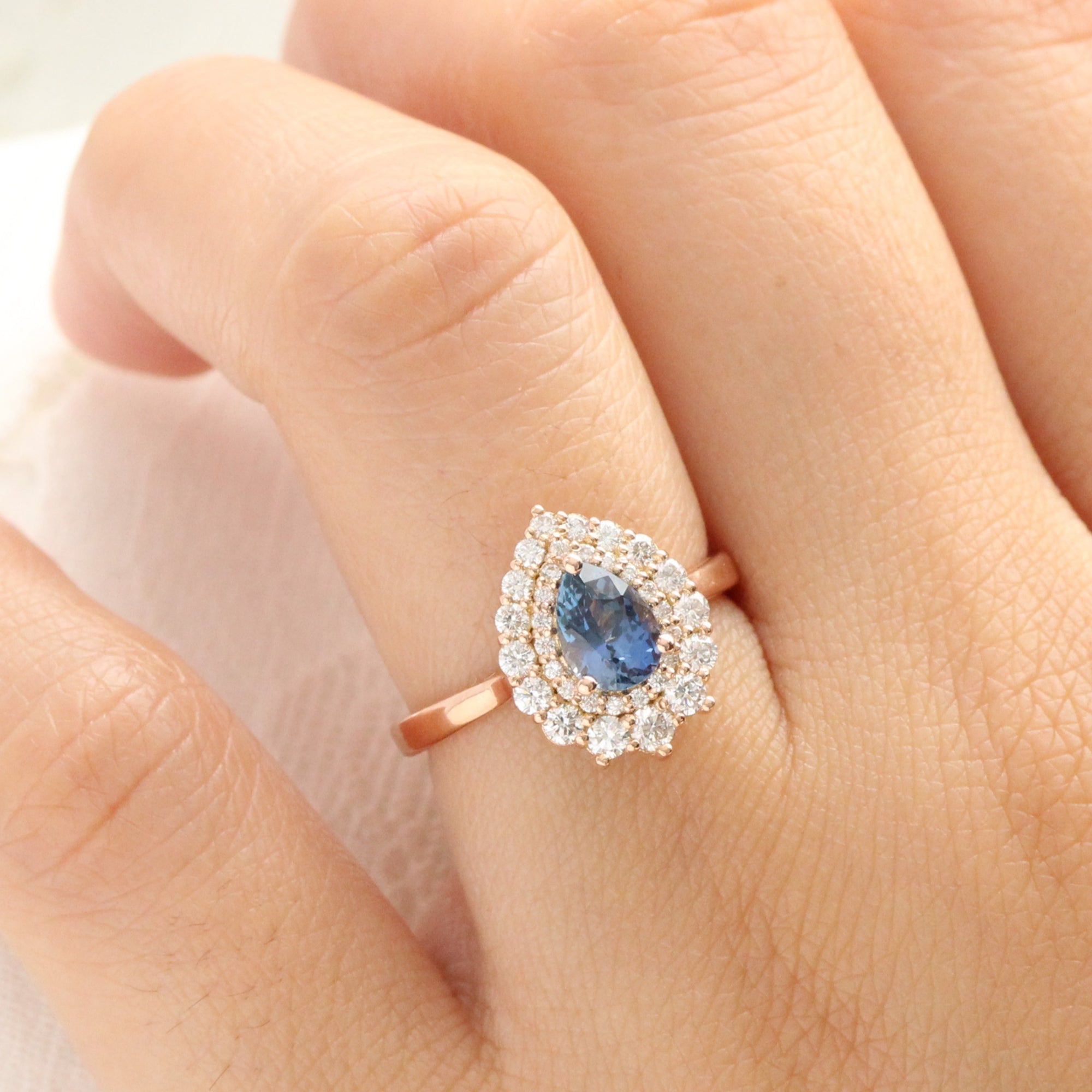 Natural peacock blue sapphire ring rose gold double halo diamond engagement ring la more design jewelry