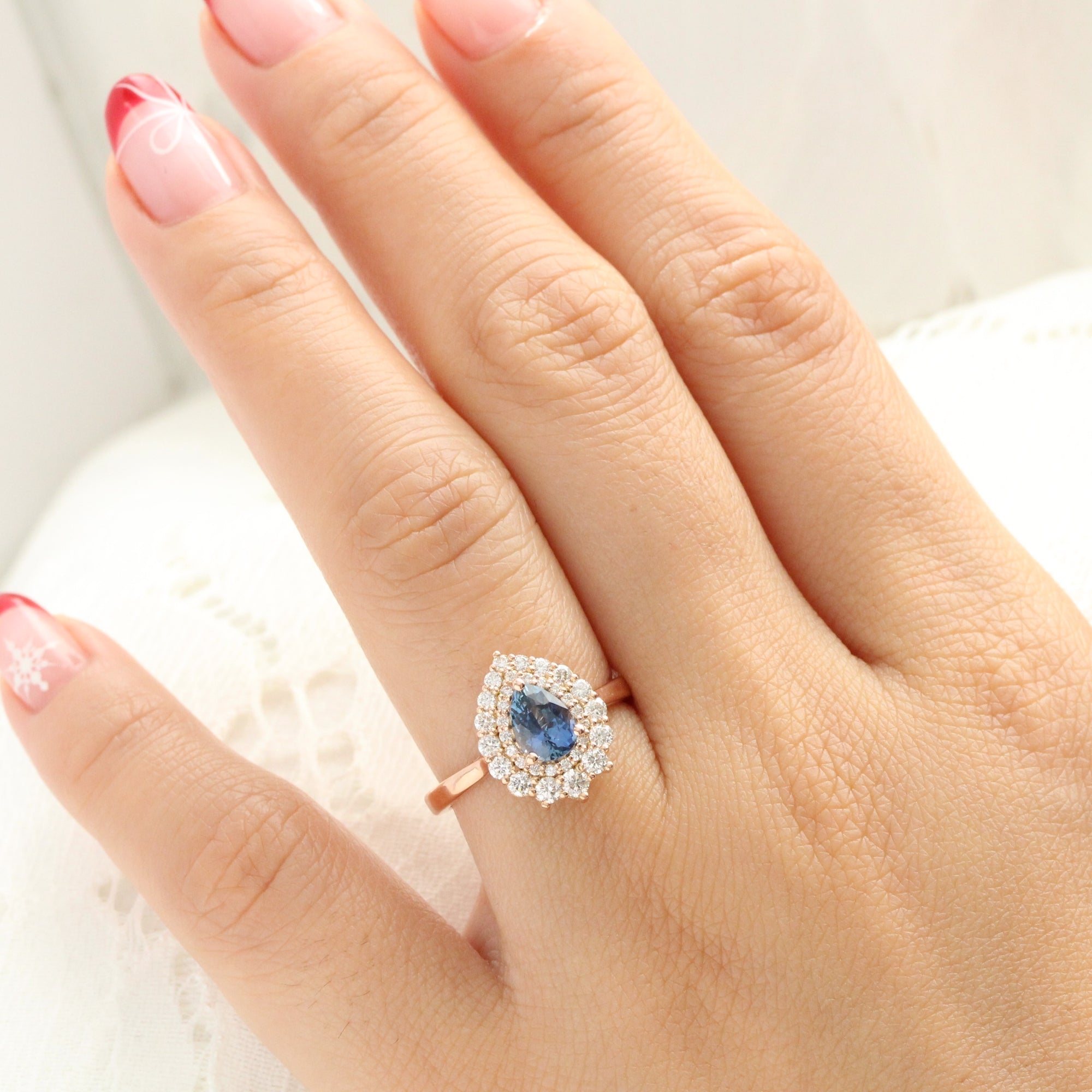 Natural peacock blue sapphire ring rose gold double halo diamond engagement ring la more design jewelry