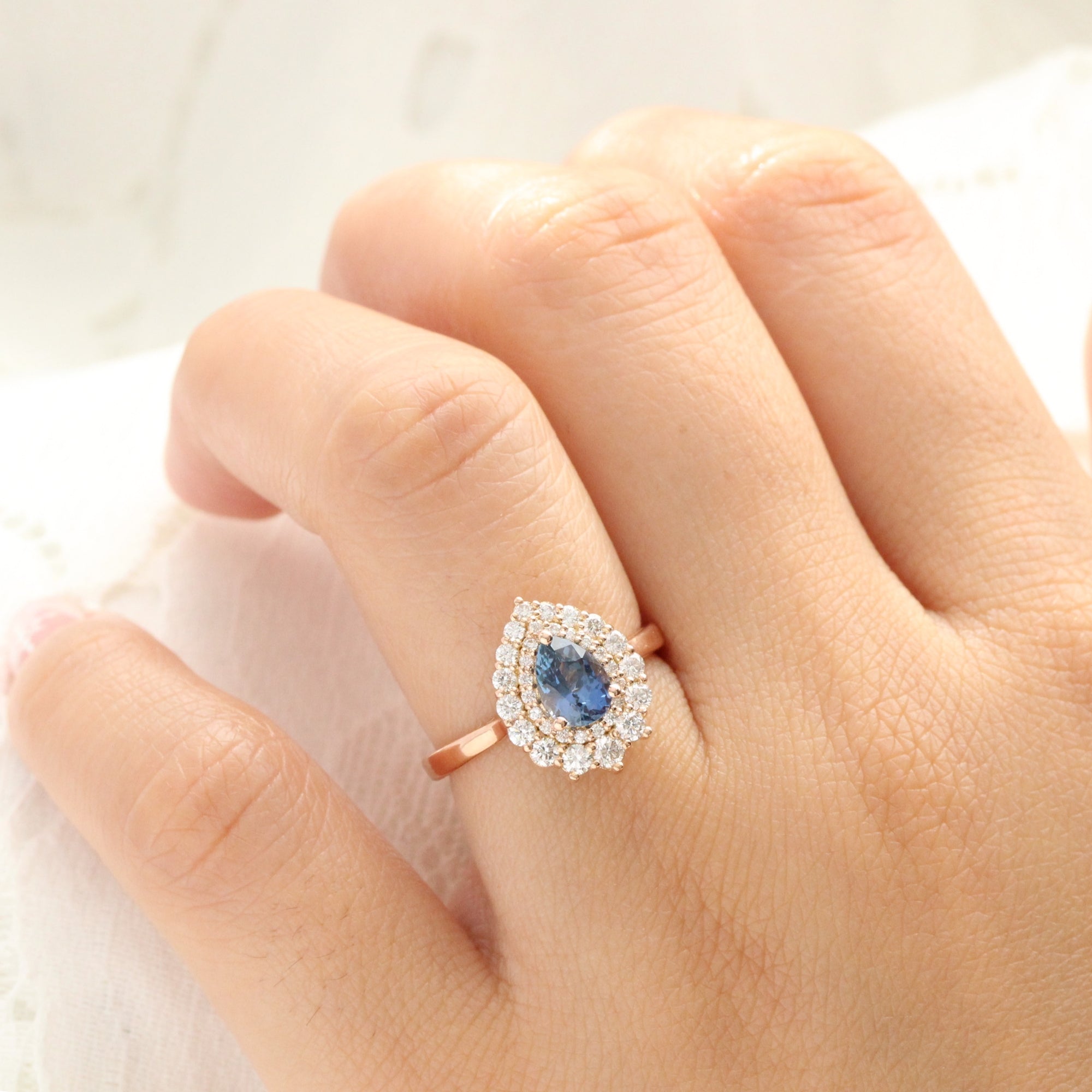 Natural peacock blue sapphire ring rose gold double halo diamond engagement ring la more design jewelry