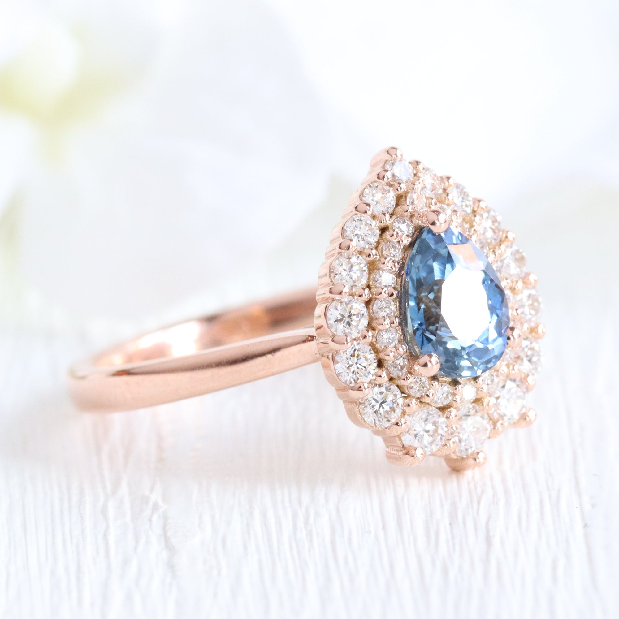 Natural peacock blue sapphire ring rose gold double halo diamond engagement ring la more design jewelry