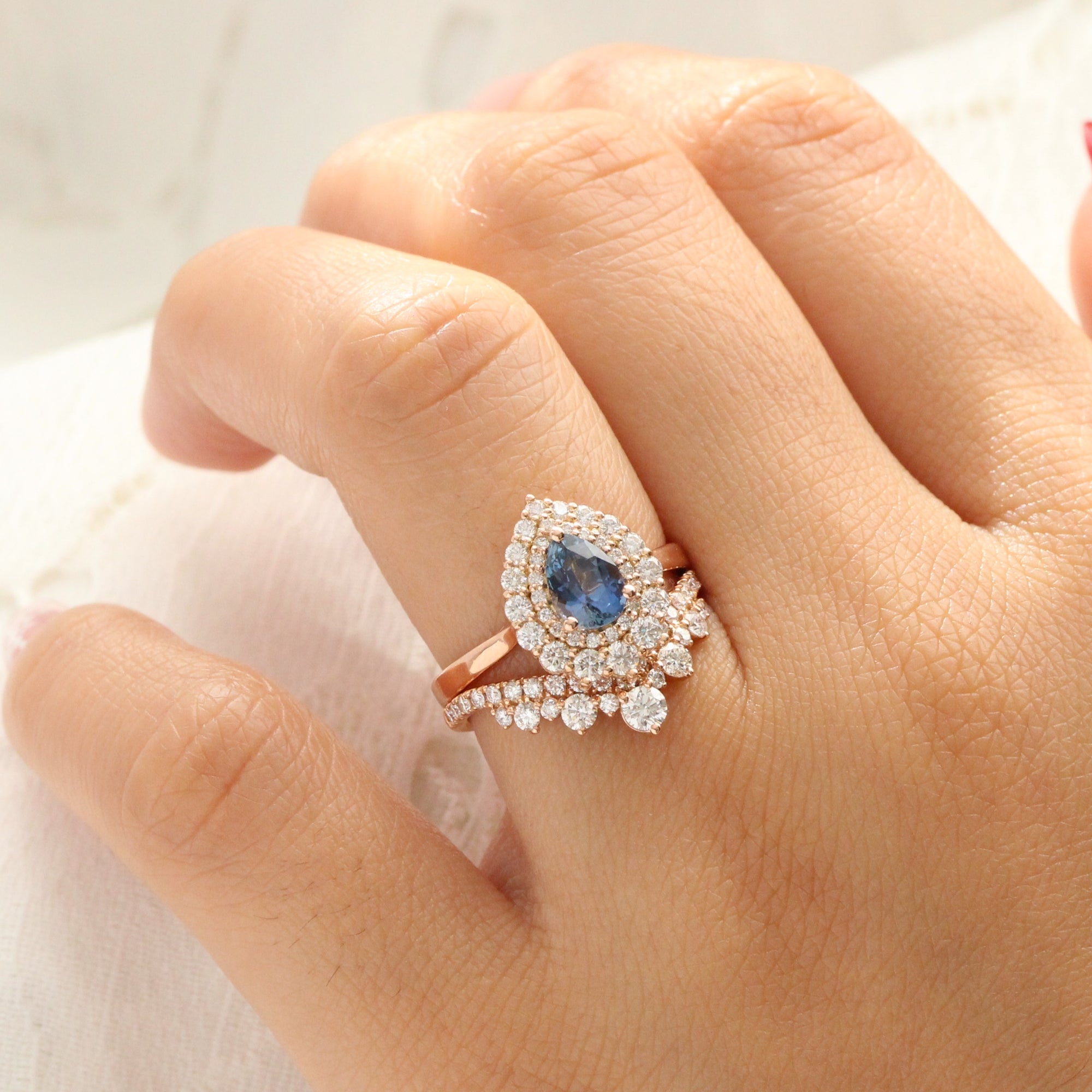 Natural peacock blue sapphire ring rose gold double halo diamond engagement ring la more design jewelry