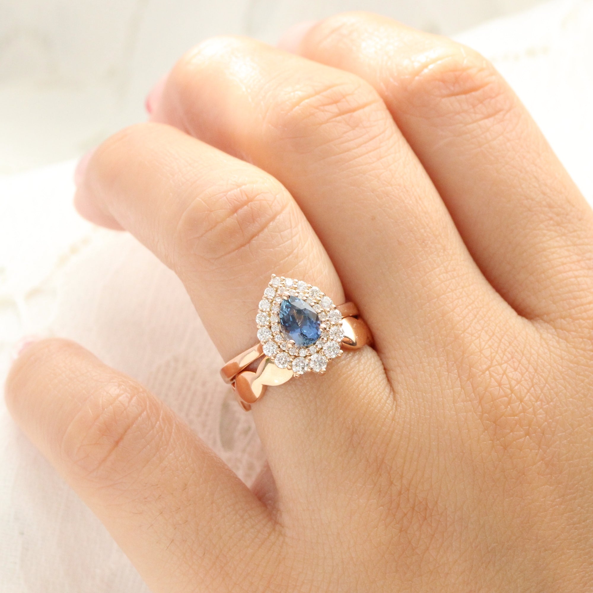 Natural peacock blue sapphire ring rose gold double halo diamond engagement ring la more design jewelry