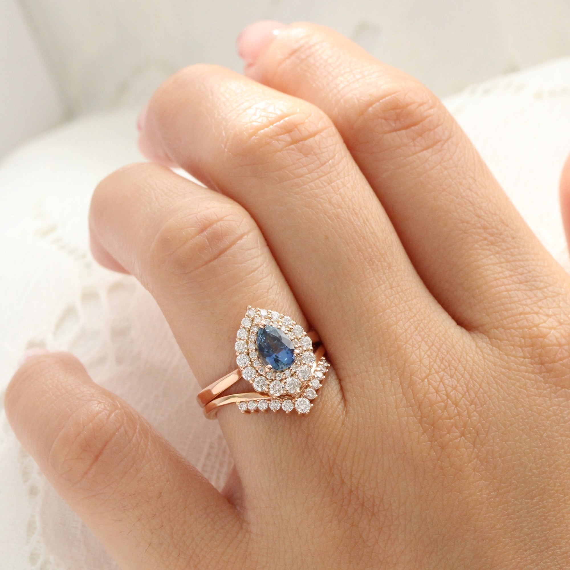 Natural peacock blue sapphire ring rose gold double halo diamond engagement ring la more design jewelry