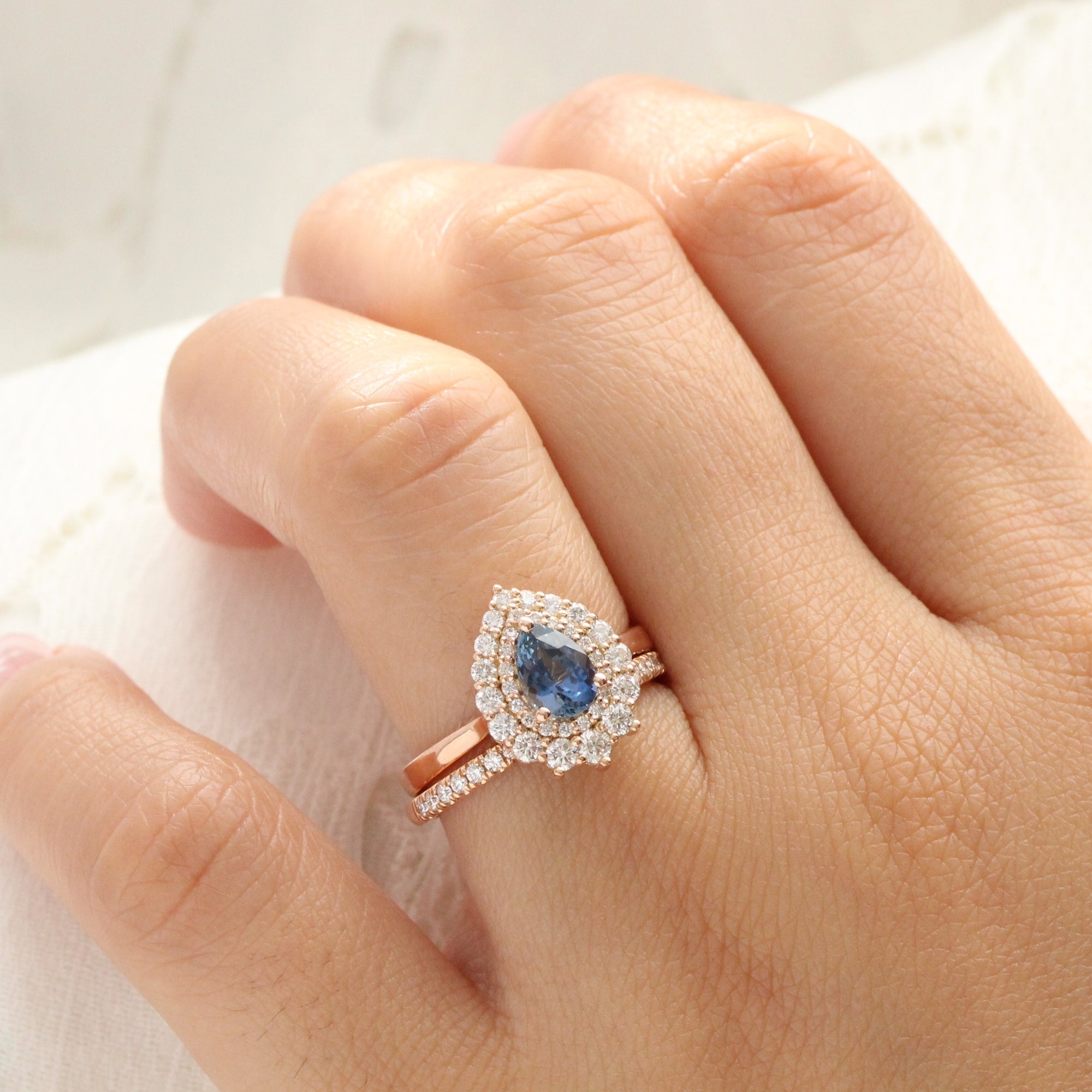 Natural peacock blue sapphire ring rose gold double halo diamond engagement ring la more design jewelry