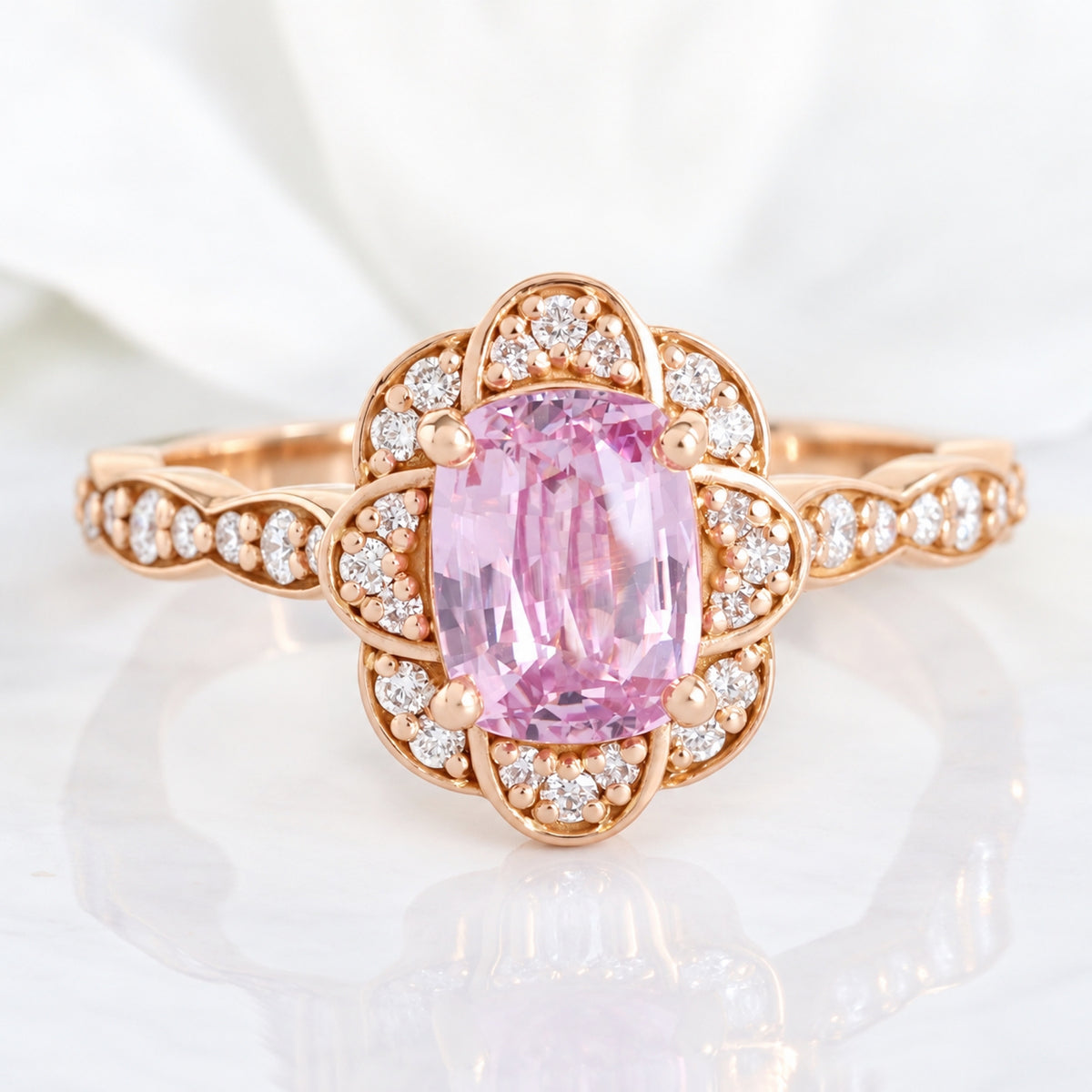 Pink sapphire ring rose gold vintage floral oval rosy pink sapphire diamond engagement ring la more design jewelry
