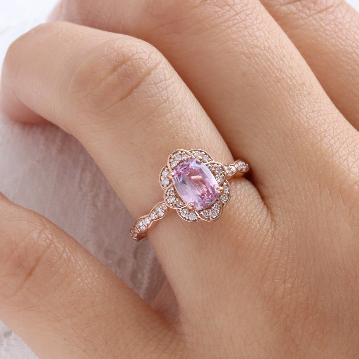 Pink sapphire ring rose gold vintage floral oval rosy pink sapphire diamond engagement ring la more design jewelry