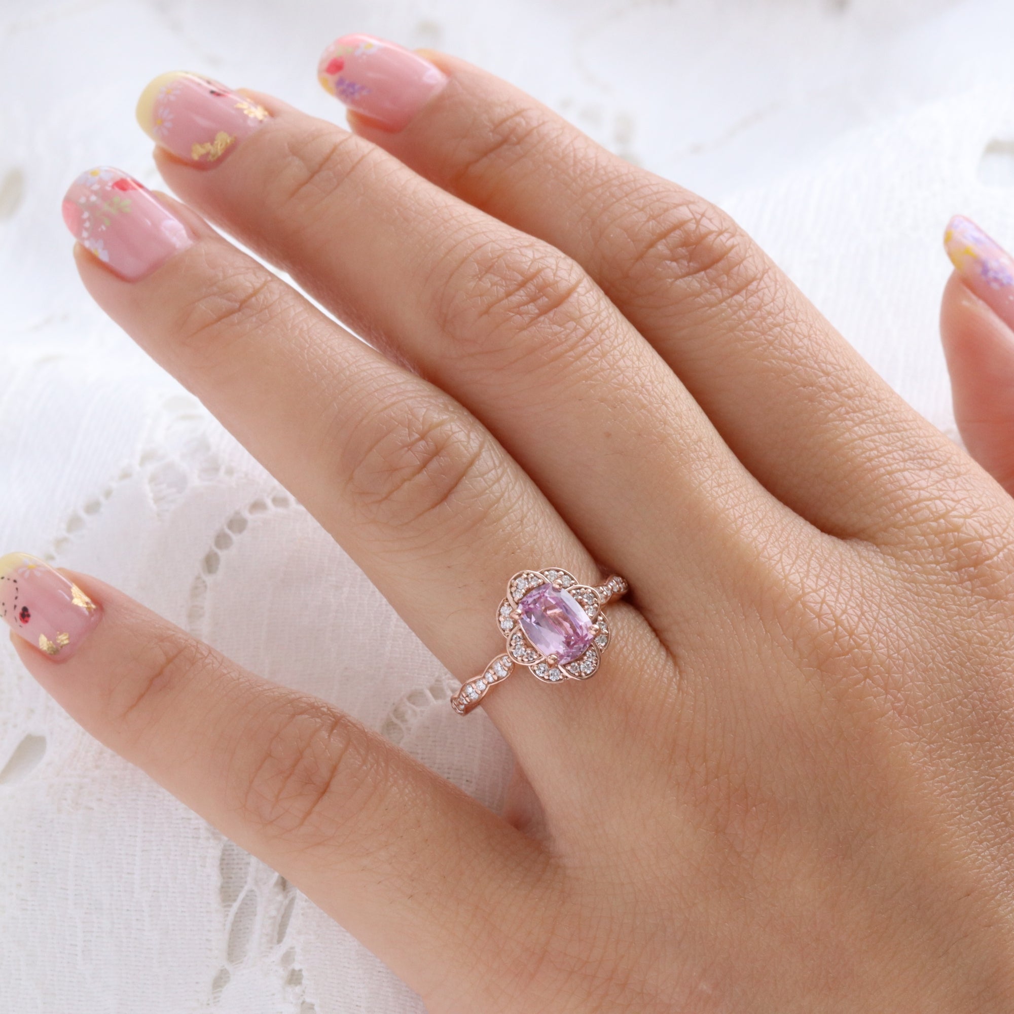 Pink sapphire ring rose gold vintage floral oval rosy pink sapphire diamond engagement ring la more design jewelry