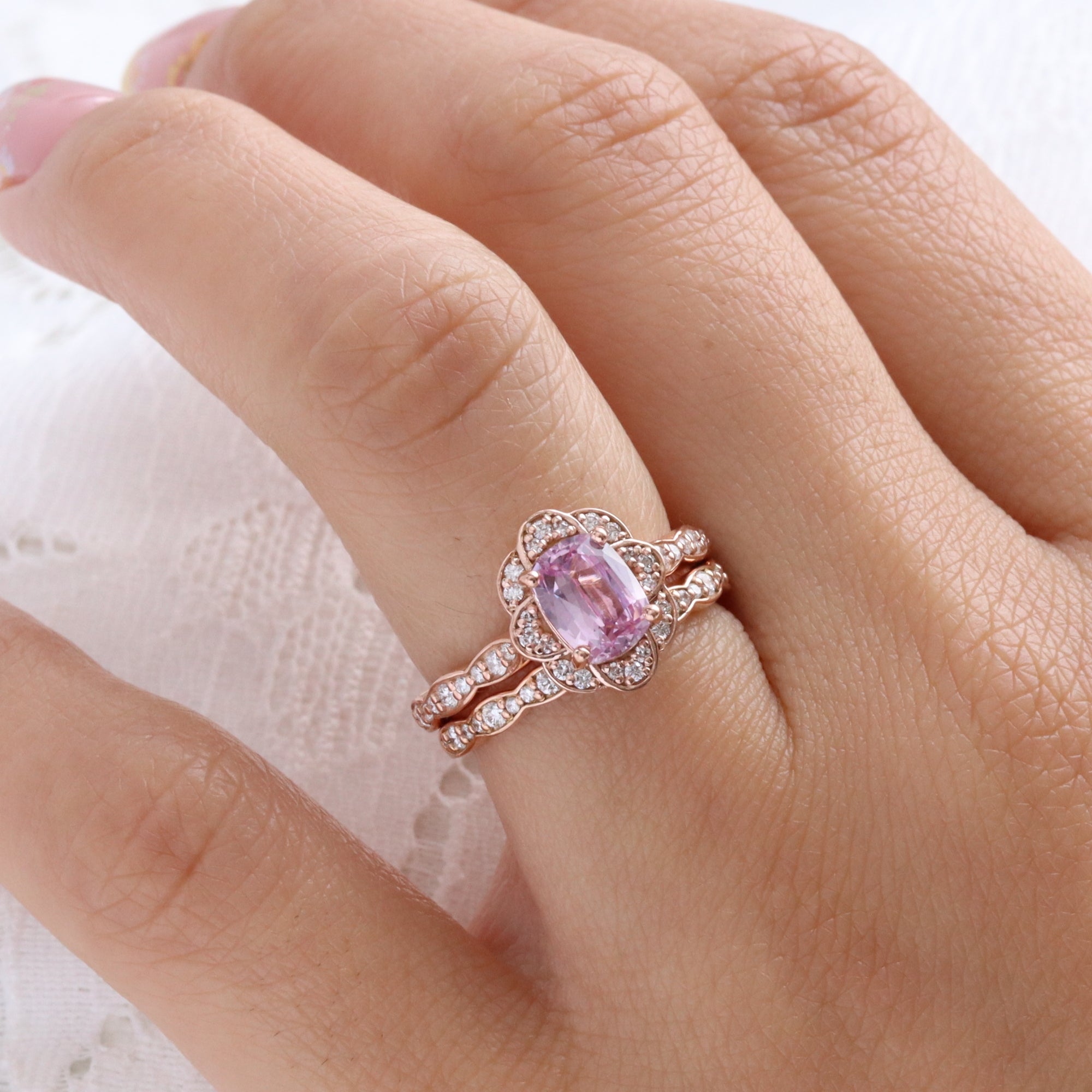 Pink sapphire ring rose gold vintage floral oval rosy pink sapphire diamond engagement ring la more design jewelry