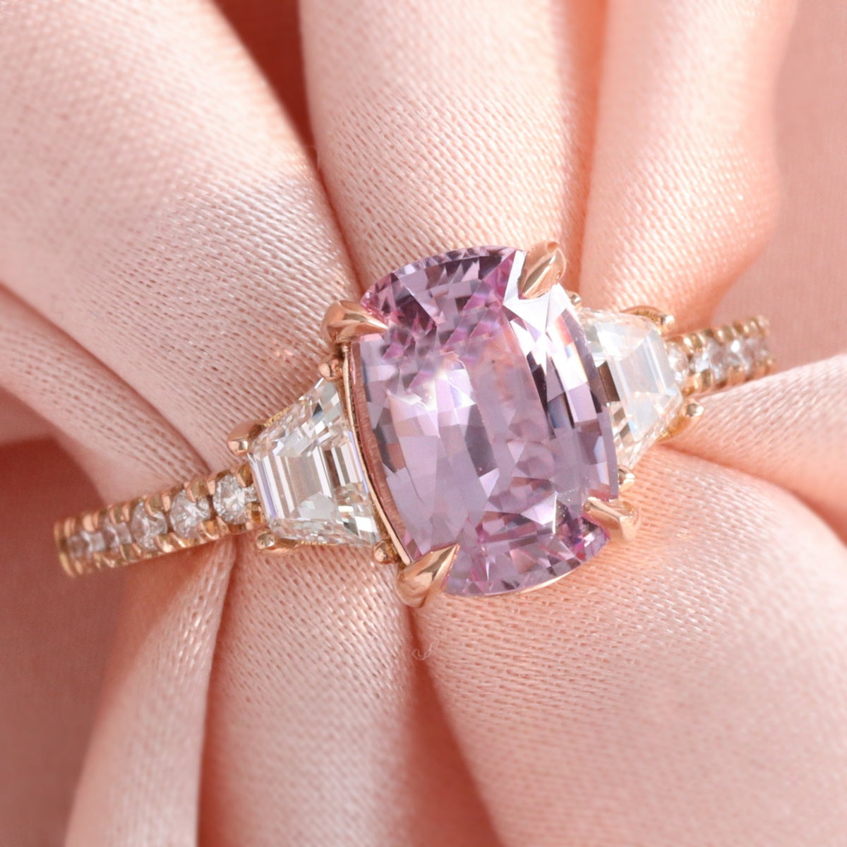 elongated cushion purple pink sapphire ring rose gold unique sapphire engagement ring sapphire diamond 3 stone ring la more design jewelry