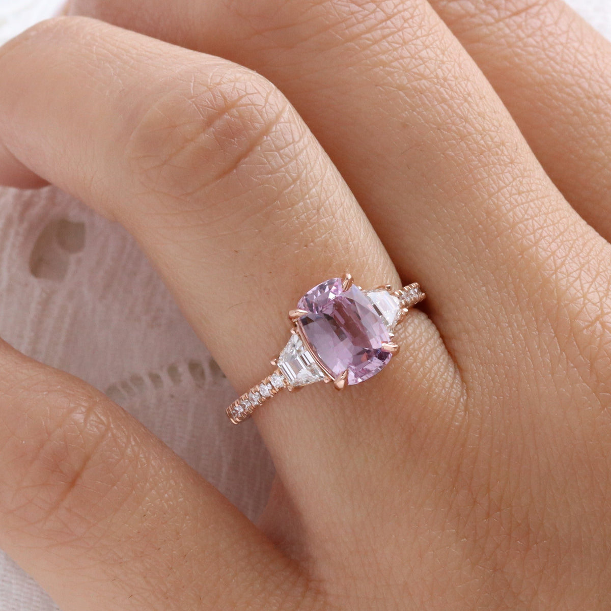 elongated cushion purple pink sapphire ring rose gold unique sapphire engagement ring sapphire diamond 3 stone ring la more design jewelry