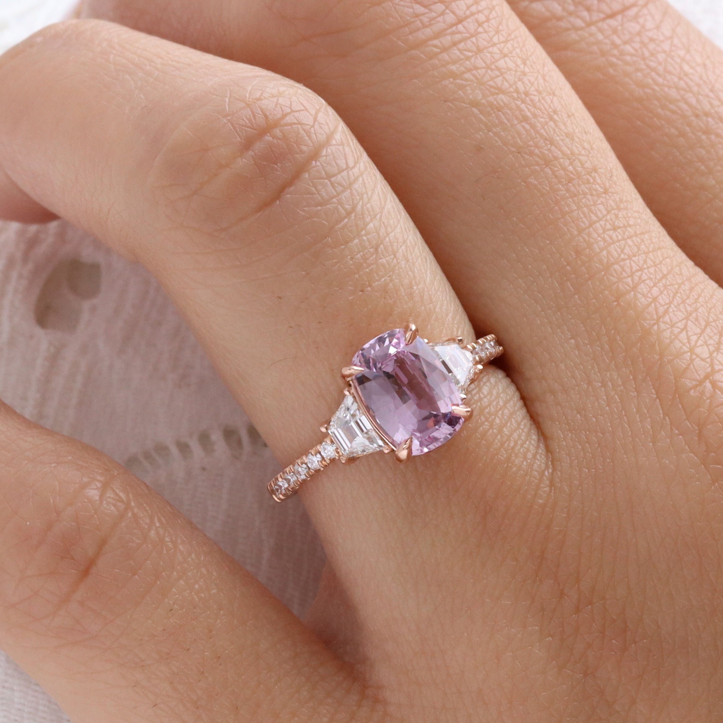 elongated cushion purple pink sapphire ring rose gold unique sapphire engagement ring sapphire diamond 3 stone ring la more design jewelry