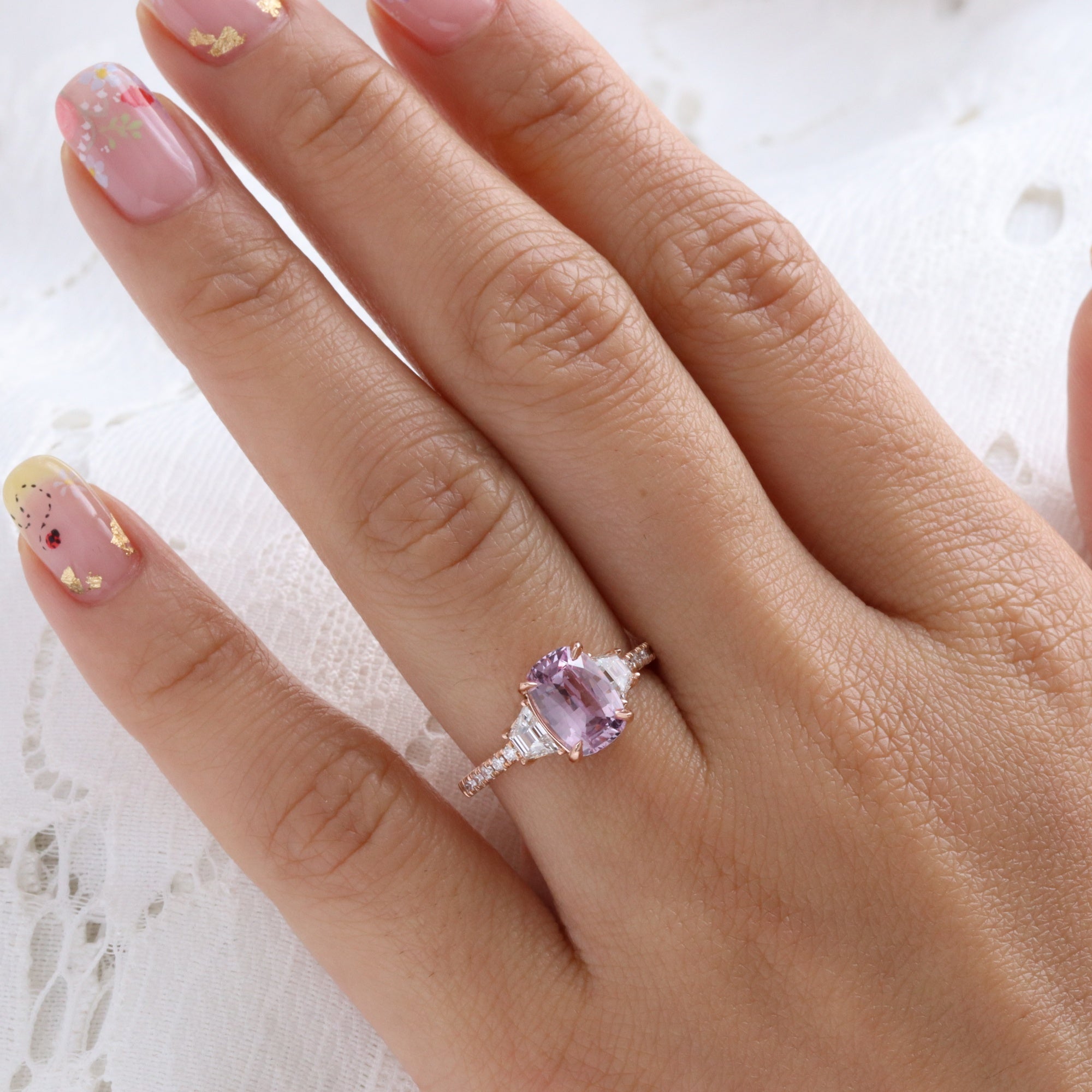 elongated cushion purple pink sapphire ring rose gold unique sapphire engagement ring sapphire diamond 3 stone ring la more design jewelry