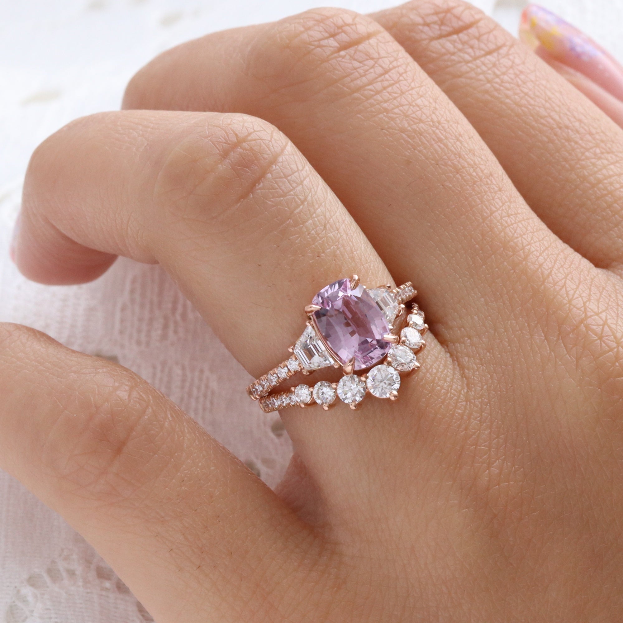 elongated cushion purple pink sapphire ring rose gold unique sapphire engagement ring sapphire diamond 3 stone ring la more design jewelry